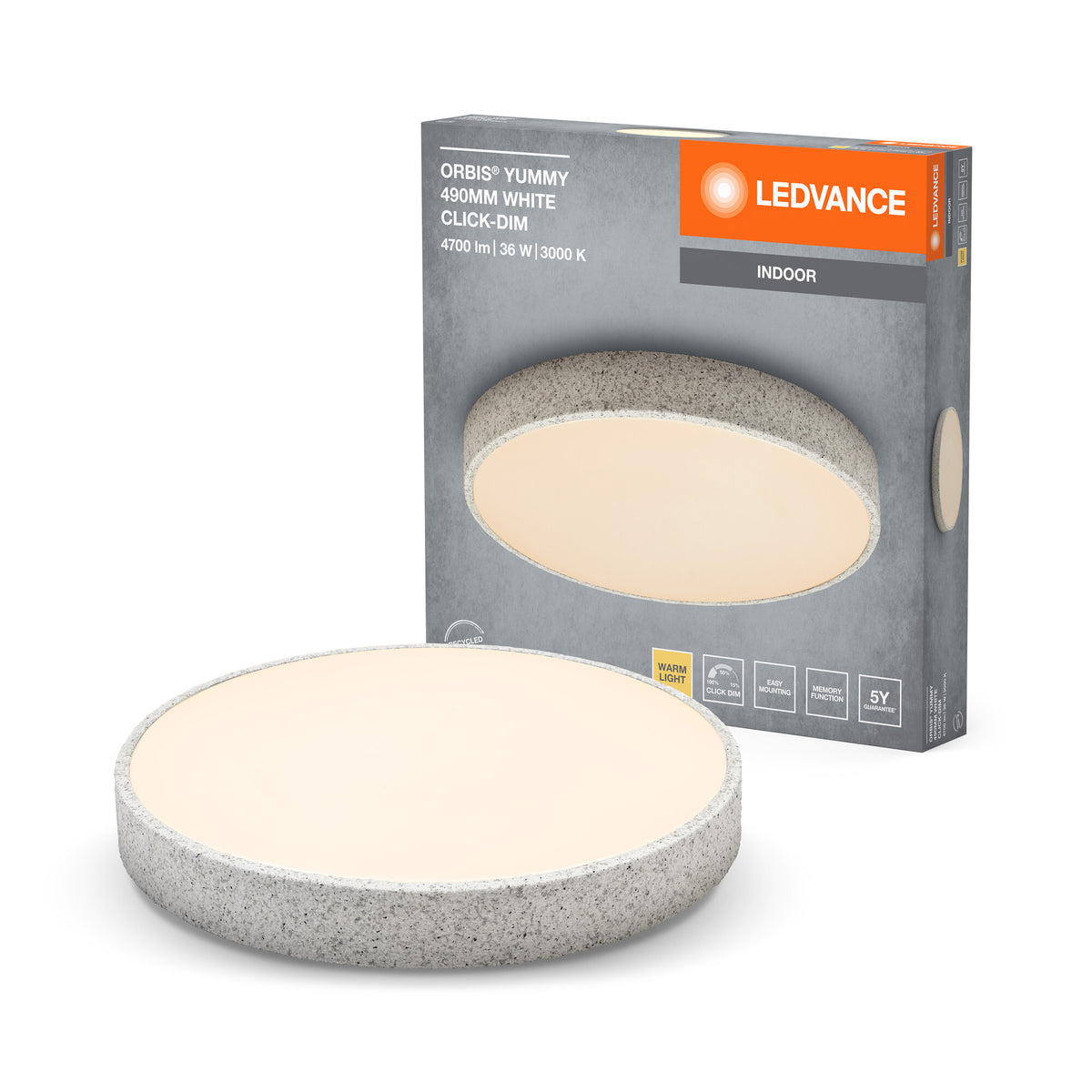 LEDVANCE ORBIS Yummy LED-Deckenleuchte mit Metallring, weiß, 36W, 2600lm, 3000K, 490mm, 830 freundliches Warmweiß, durch Klicken dimmbar, IP20 Schutz, Montageschrauben und Dübel inklusive