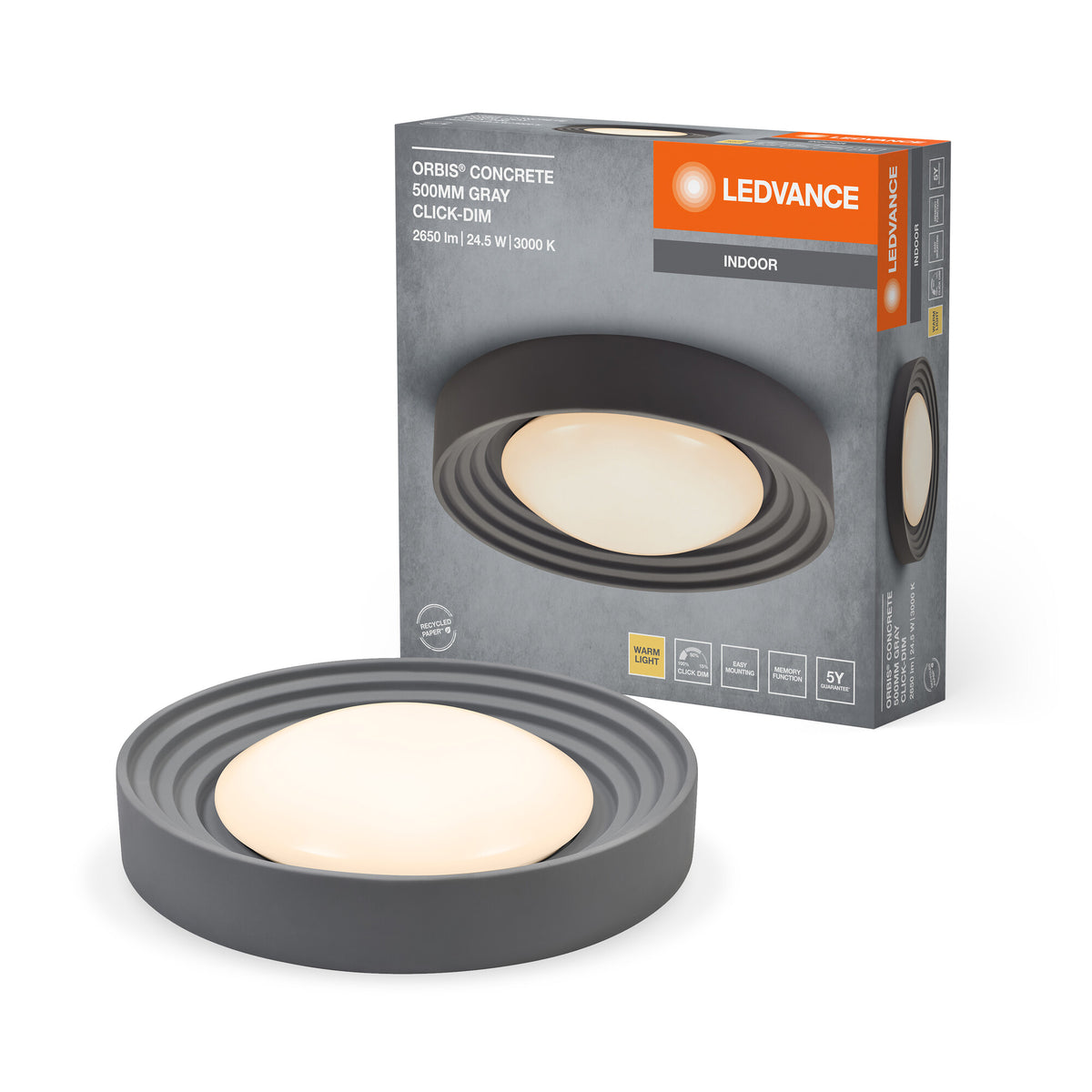 LEDVANCE ORBIS Concrete, graue Beton-Deckenleuchte mit LED, 24. 5W, 1800lm, 3000K freundliches Warmweiß, durch Klicken in 3-Stufen dimmbar, 500mm Durchmesser, IP20 Schutz, für Badezimmer geeignet