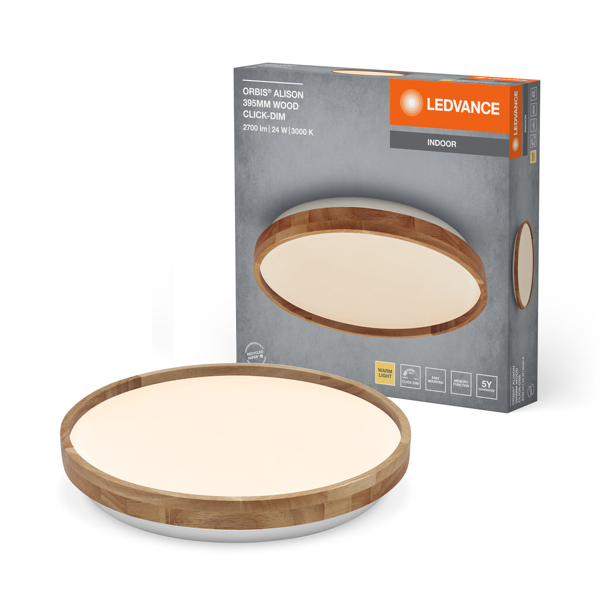 LEDVANCE ORBIS Alison wand- en plafondlamp met LED, 24 W, 1500 lm, 3000 K, diameter 395 mm, aangenaam warmwit, dimbaar met een klik, beschermingsklasse IP20, inclusief montageschroeven en pluggen