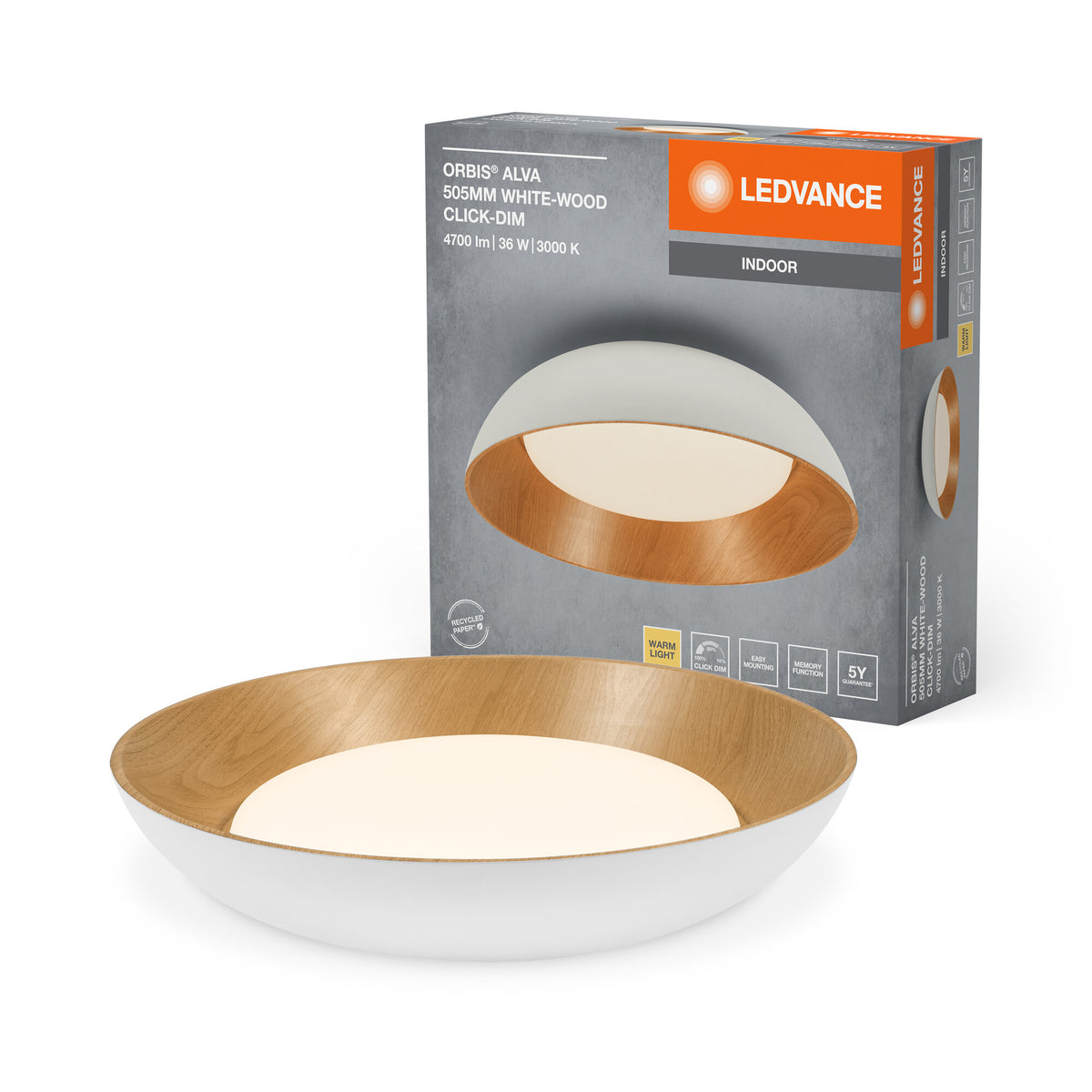 LEDVANCE ORBIS Alva LED-plafondlamp, wit met houtdecor, 36 W, 1600 lm, 3000 K, 830 vriendelijk warm wit, dimbaar in 3 standen door te klikken, IP20-bescherming, inclusief montageschroeven en pluggen