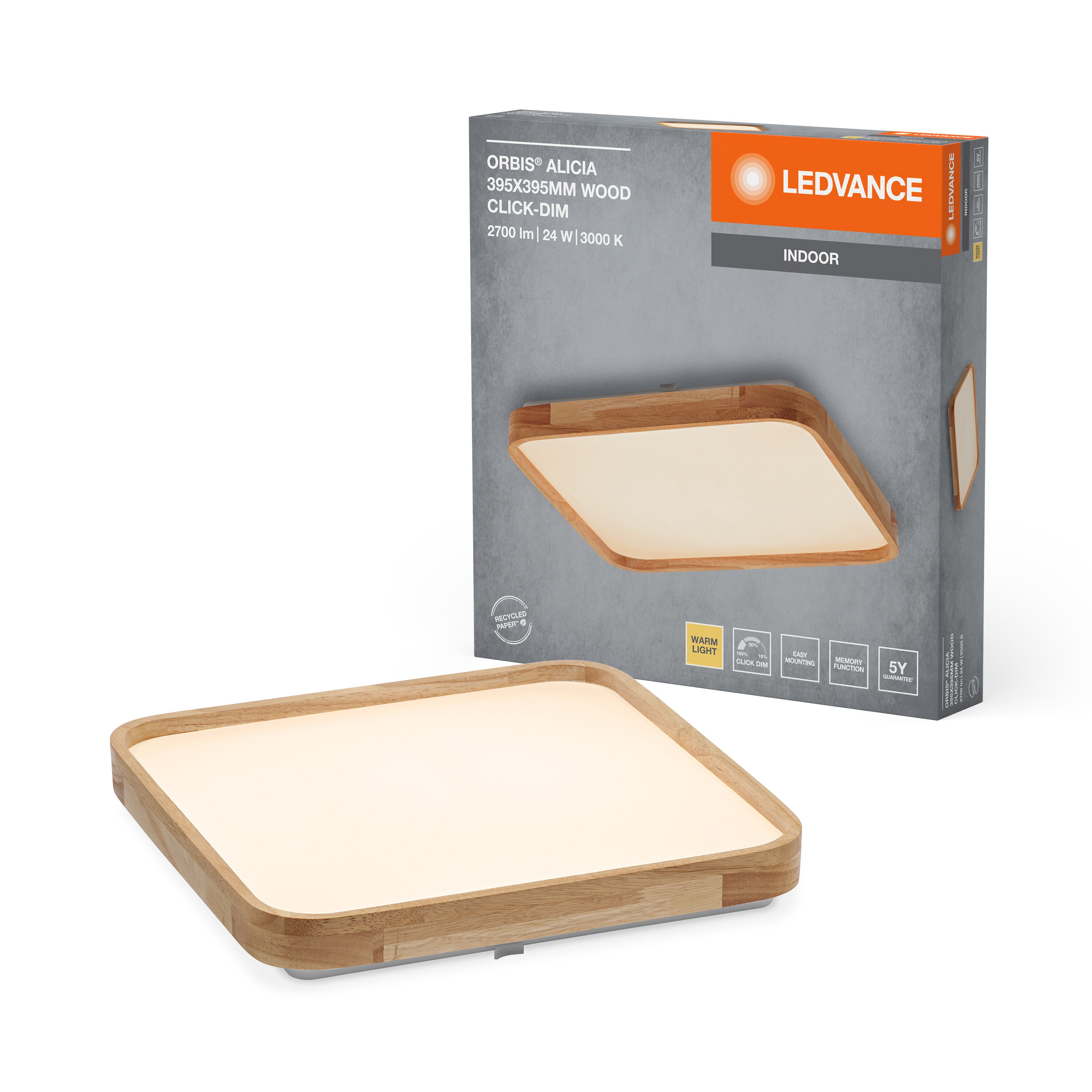 LEDVANCE ORBIS Alicia Deckenleuchte dimmbar Click-DIM 24W 395x395mm Holzdekor-LEDVANCE Shop