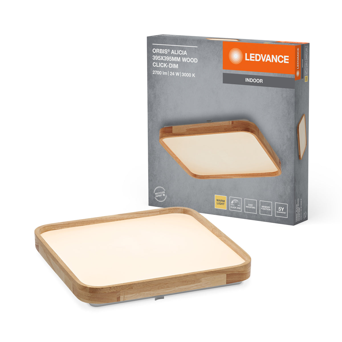 LEDVANCE ORBIS Alicia LED-plafondlamp met houtdecor, 24 W, 1600 lm, 3000 K, 395 x 395 mm, aangenaam warm wit, dimbaar door te klikken, IP20-bescherming, inclusief montageschroeven en pluggen