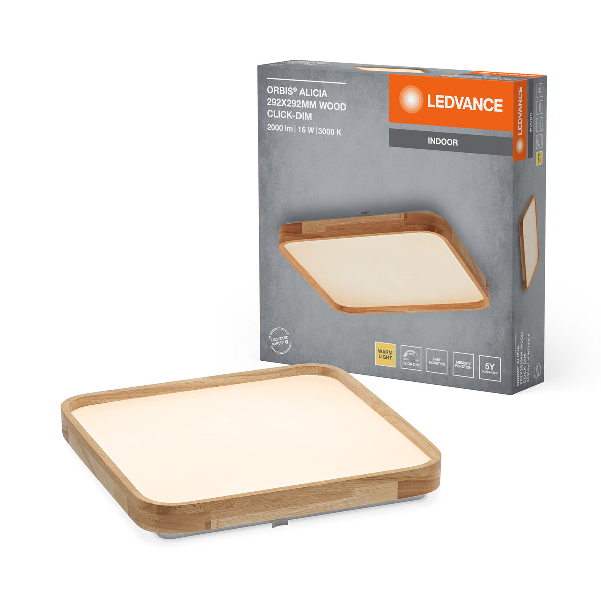 LEDVANCE ORBIS Alicia LED-Deckenleuchte mit Holzdekor, 16W, 1000lm, 3000K, 292x292mm, freundliches Warmweiß, durch Klicken dimmbar, IP20 Schutz, Montageschrauben und Dübel inklusive