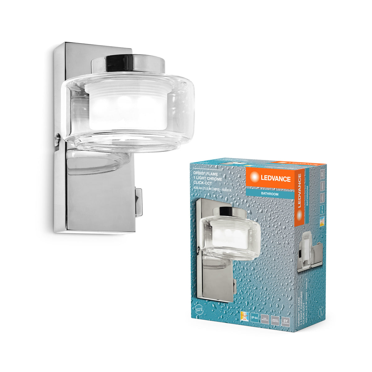 LEDVANCE ORBIS Flame wand- en plafondlamp met LED, chroom, 5,5 W, 350 lm, 3000/4000 K, kleurtemperatuur instelbaar via wandschakelaar (koudwit en warmwit), IP44-bescherming tegen vreemde voorwerpen en spatwater