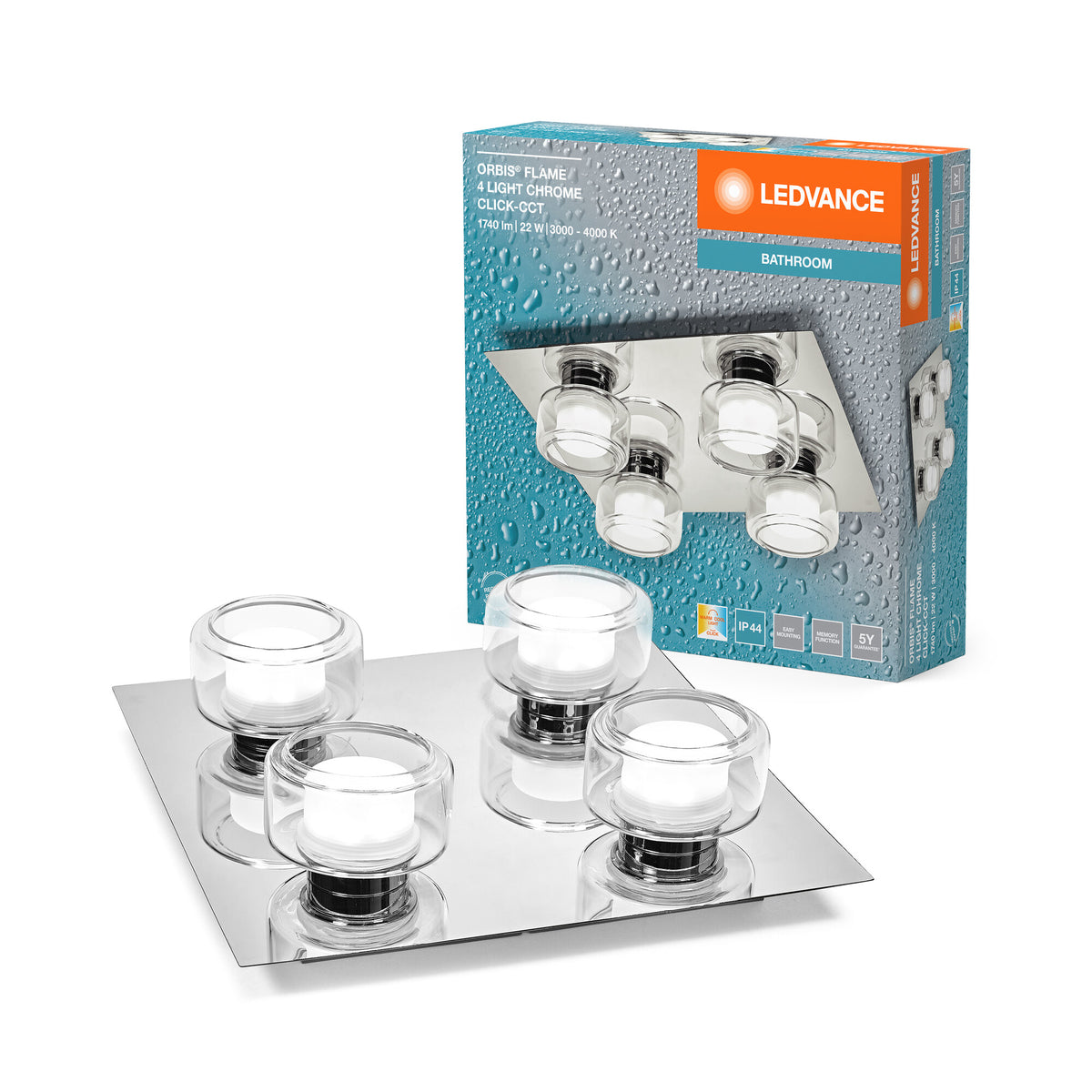 LEDVANCE ORBIS Flame Wand- und Deckenleuchte mit LED, Chrom, 22W, 1400lm, 3000/4000K, Farbtemperatur via Wandschalter einstellbar (kaltweiß und warmweiß), IP44 Schutz vor Fremdkörpern und Spritzwasser