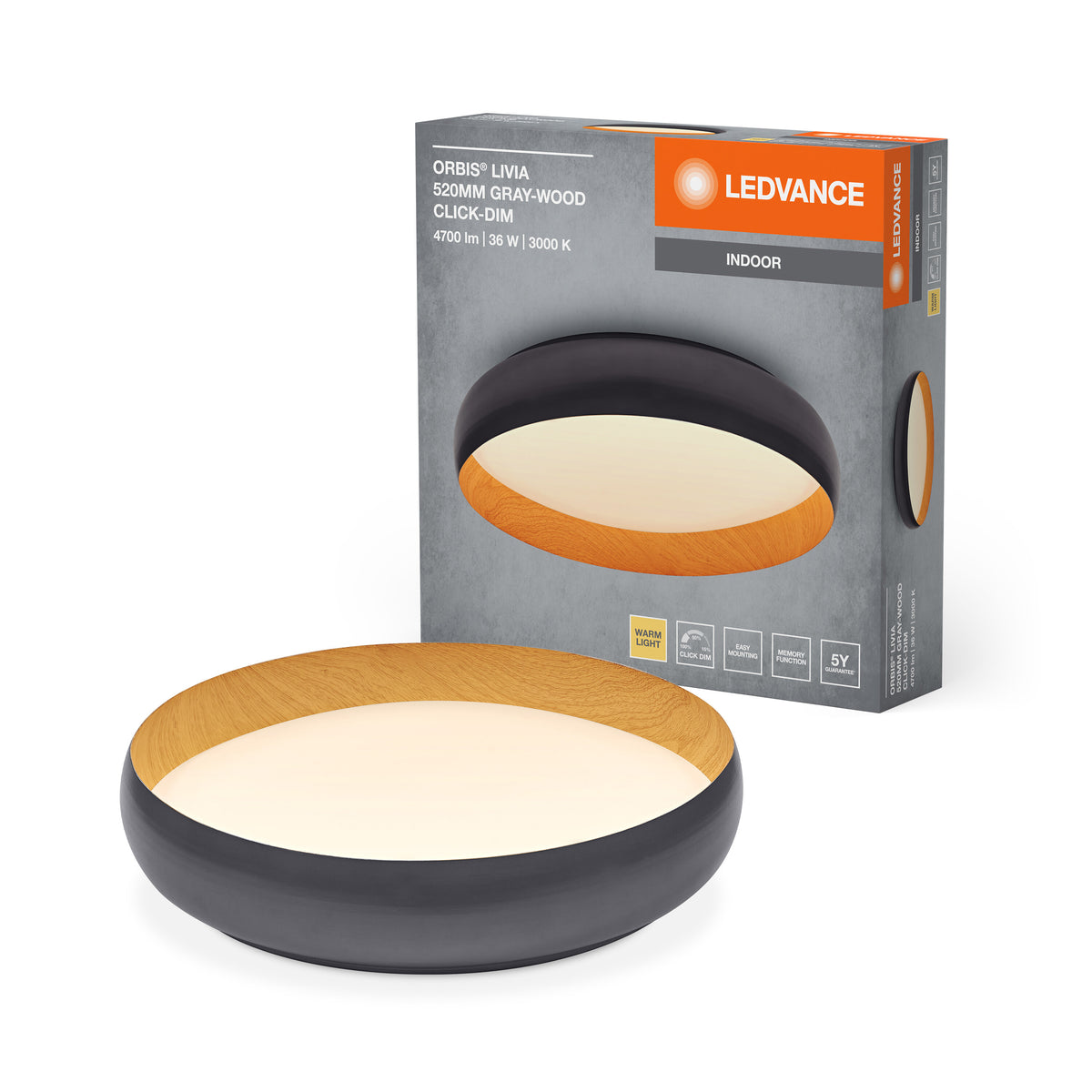 LEDVANCE ORBIS Livia LED-plafondlamp met metalen ring, grijs/houtdecor, 36W, 2000lm, 3000K, 520mm, 830 vriendelijk warm wit, in 3 stappen dimbaar met een klik, IP20, schroeven/pluggen inbegrepen