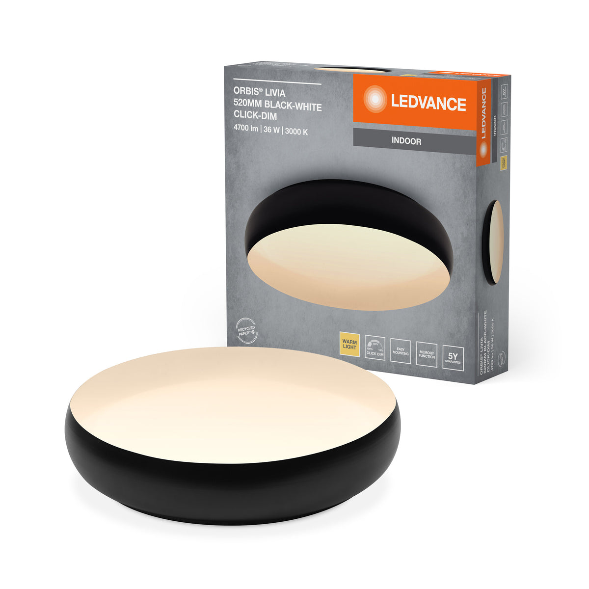 LEDVANCE ORBIS Livia LED-plafondlamp met metalen ring, zwart-wit, 36 W, 2400 lm, 3000 K, 520 mm, 830 vriendelijk warmwit, dimbaar in 3 standen door te klikken, IP20, inclusief montageschroeven en pluggen