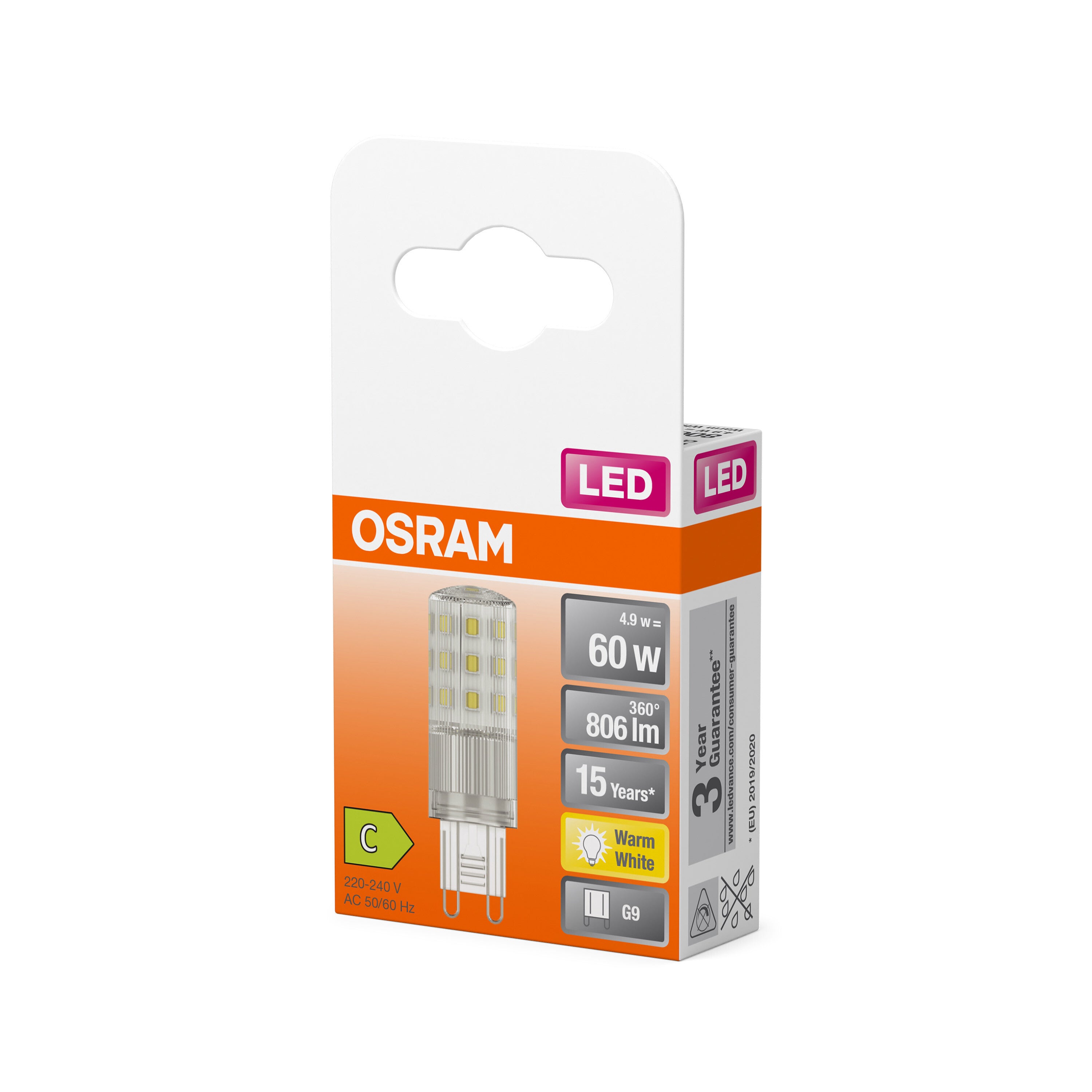 OSRAM LED Stiftsockellampe PIN 4.9W, 806lm, G9, 2700K , Warmweiß-LEDVANCE Shop