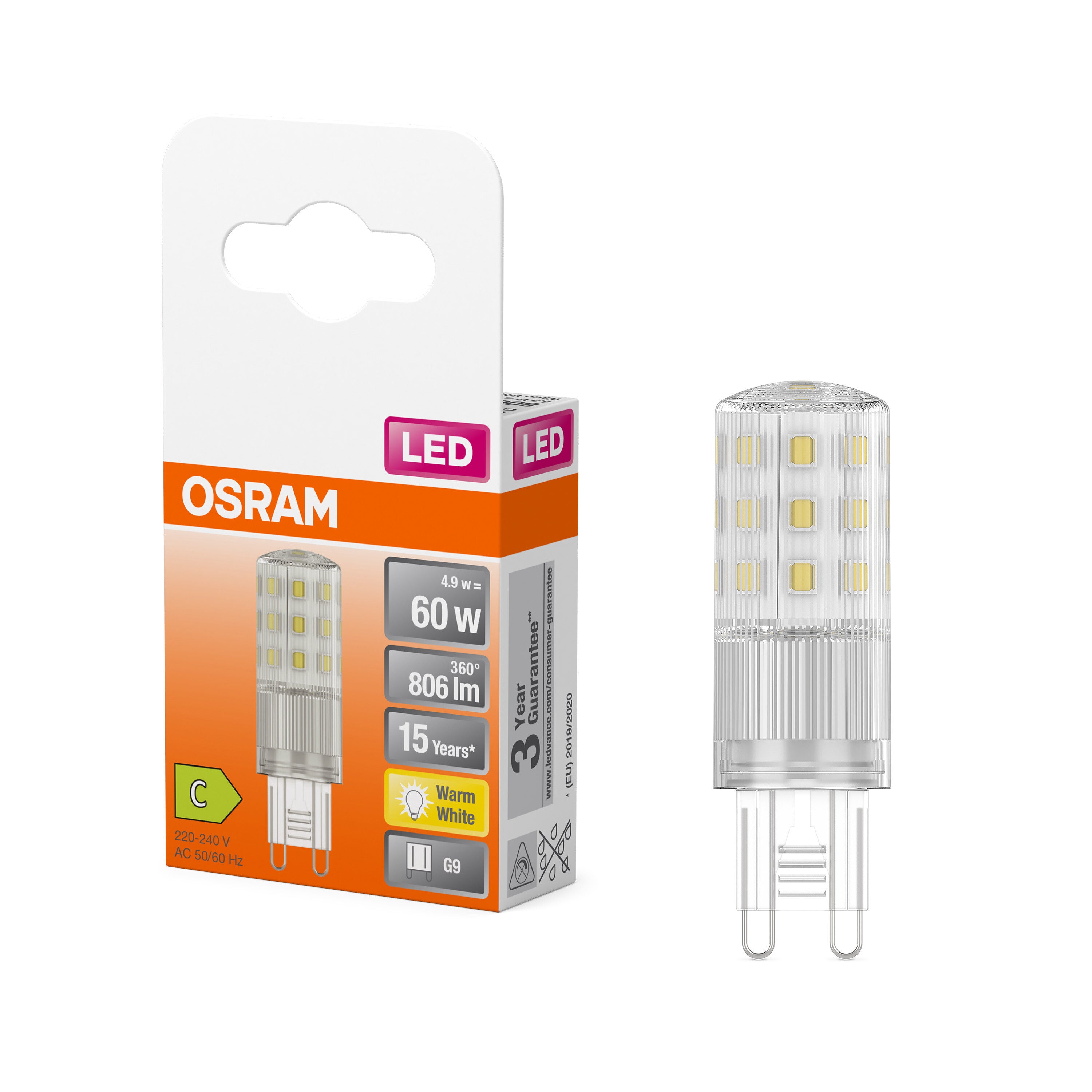 OSRAM LED Stiftsockellampe PIN 4.9W, 806lm, G9, 2700K , Warmweiß-LEDVANCE Shop