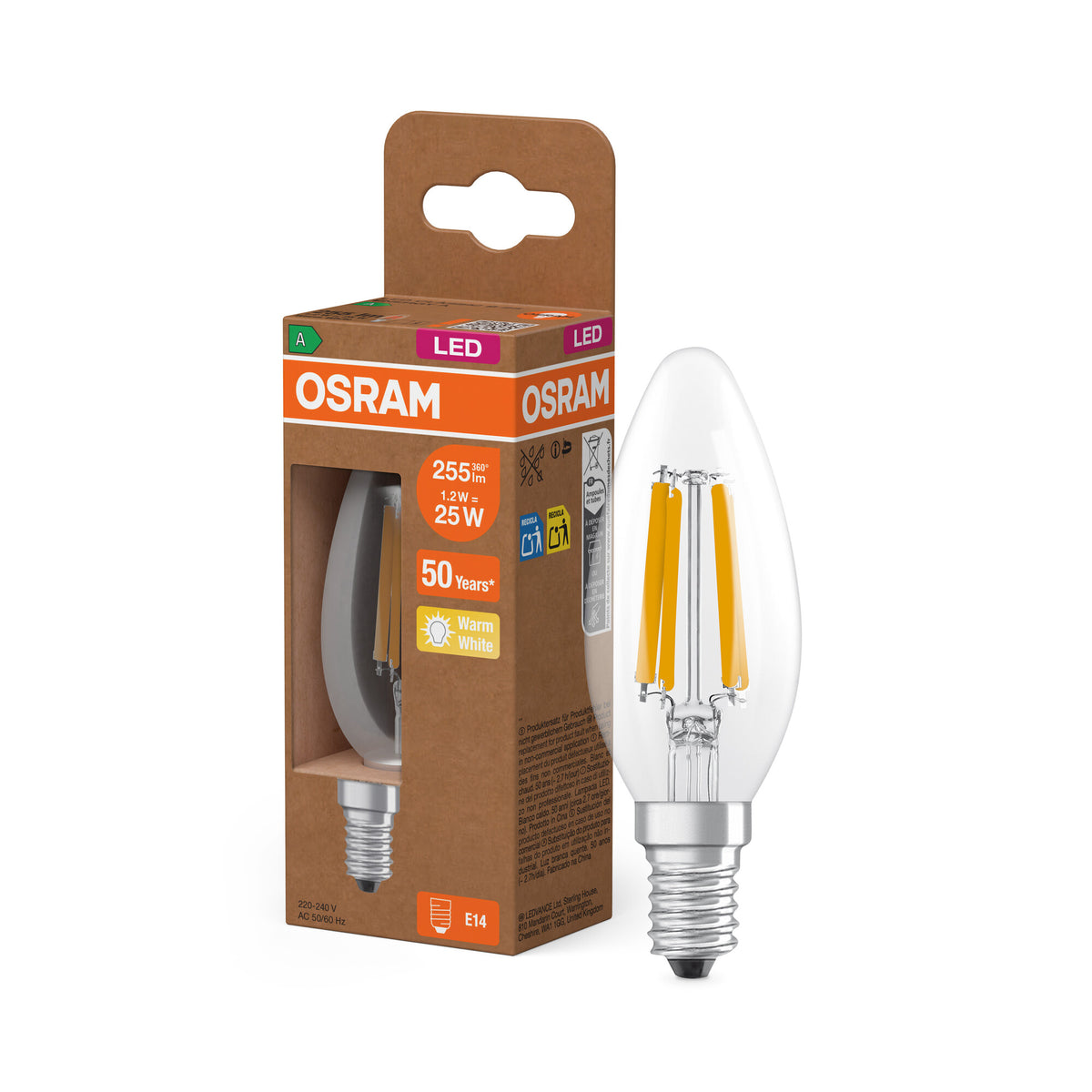 OSRAM LED CLASSIC B ENERGIE-EFFICIËNTIE A, LED-lamp, loodvrij glas, helder, 1,2 W, (ex 25 W), 255 lm, warmwit, 2700 K, energie-efficiëntieklasse: A, CRI 80