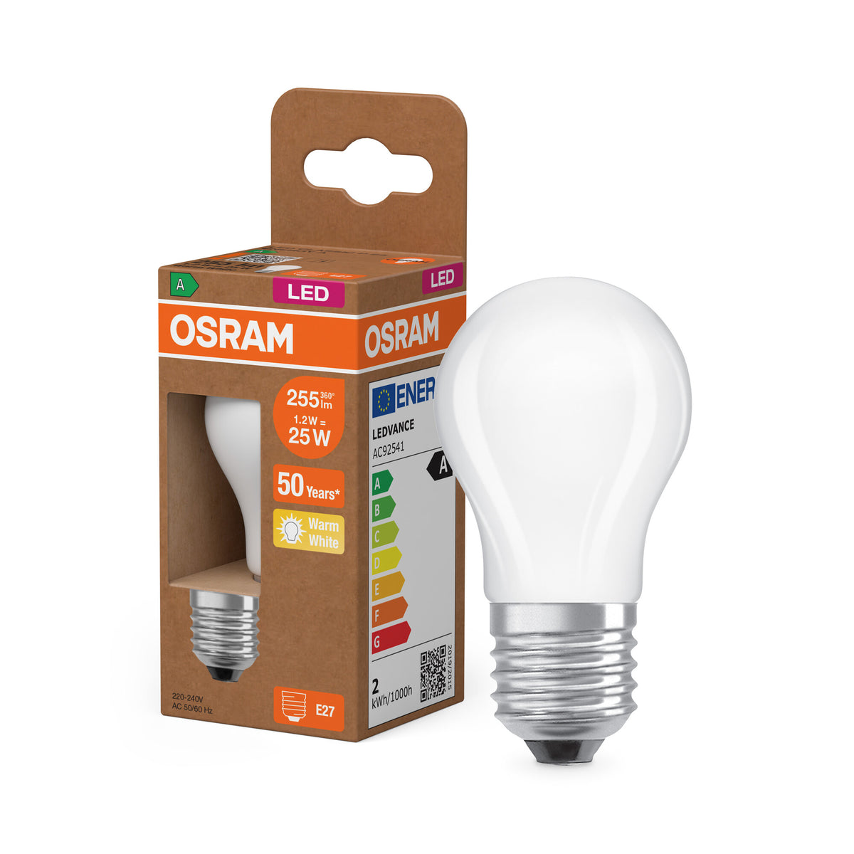 OSRAM LED CLASSIC P ENERGIE-EFFICIËNTIEKLASSE A, LED-lamp, loodvrij glas, mat, 1,2 W, (ex 25 W), 255 lm, warmwit, 2700 K, Energie-efficiëntieklasse: A, CRI 80