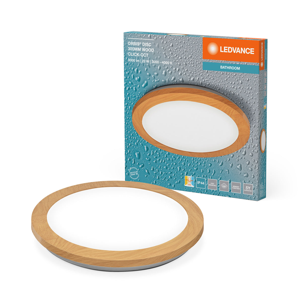 LEDVANCE ORBIS Disc wand-/plafondlamp met LED, houtdecor, 22 W, 1800 lm, 3000/4000 K, instelbaar via wandschakelaar met Click CCT, diameter 30 cm, IP44-bescherming voor de badkamer, inclusief schroeven/pluggen