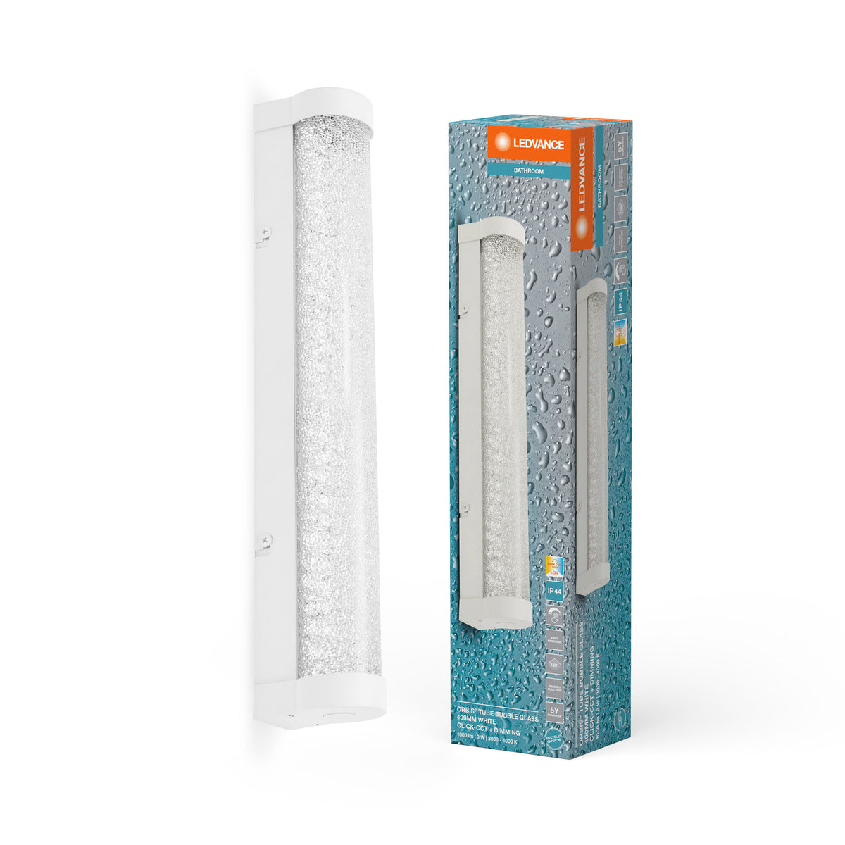 LEDVANCE ORBIS Tube spiegel-/wandlamp met LED, wit, glas met bubbel-effect, 9 W, 900 lm, dimbaar, 3000/4000 K instelbaar via wandschakelaar, diameter 40 cm, IP44-bescherming tegen vreemde voorwerpen/spatwater