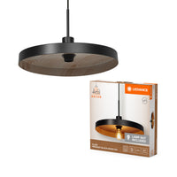 LEDVANCE Decor Plate decoratieve hanglamp met schotelvormige lampenkap, 400 mm, met E27-fitting, IP20, metaal, zwart/houtlook