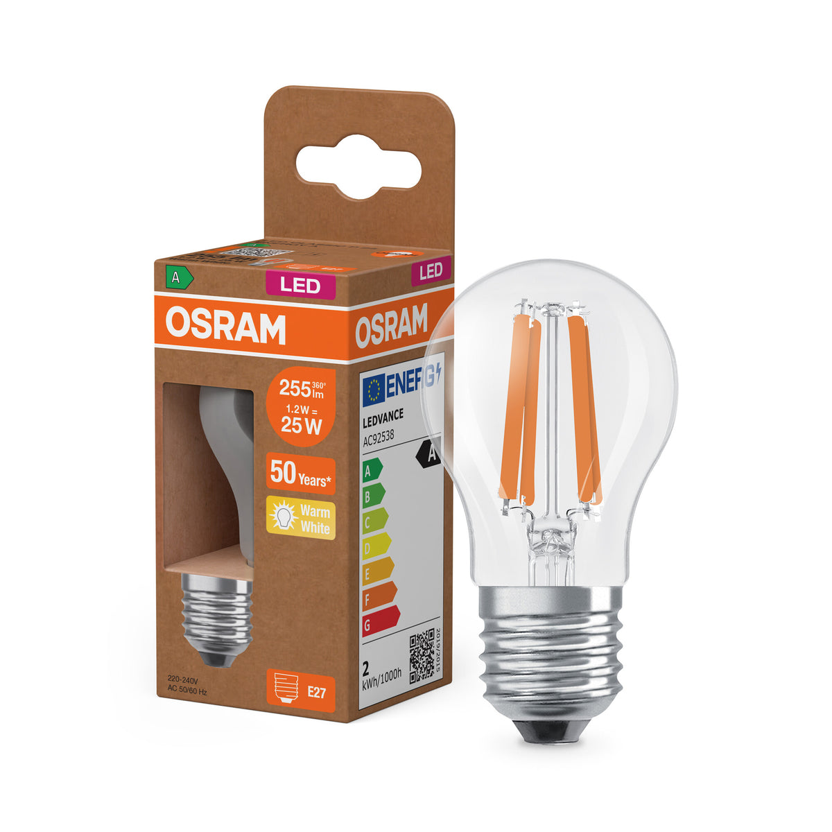 OSRAM LED CLASSIC P ENERGIE-EFFICIËNTIE A, LED-lamp, loodvrij glas, helder, 1,2 W, (ex 25 W), 255 lm, warmwit, 2700 K, energie-efficiëntieklasse: A, CRI 80