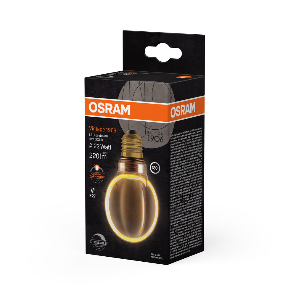 OSRAM VINTAGE 1906® LED Lampe LED CLASSIC GLOBE80 O - Form FILAMENT 4W 818 Gold E27, 220 lm, 1800 K, Comfort warm white-LEDVANCE Shop
