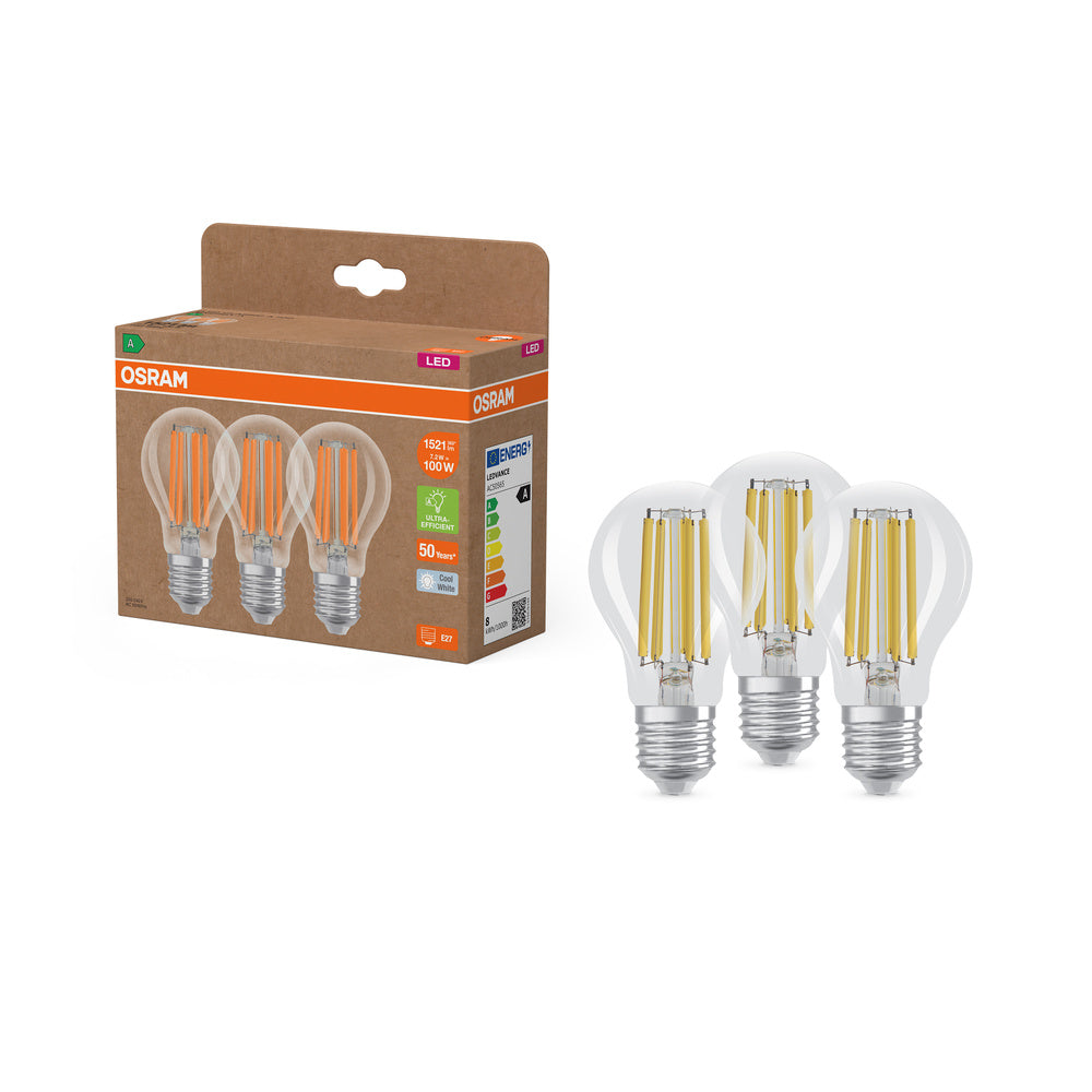 OSRAM LED-lamp, energie-efficiëntieklasse A, gloeidraad, Classic A, 7,2W, 840 transparant, E27 fitting.