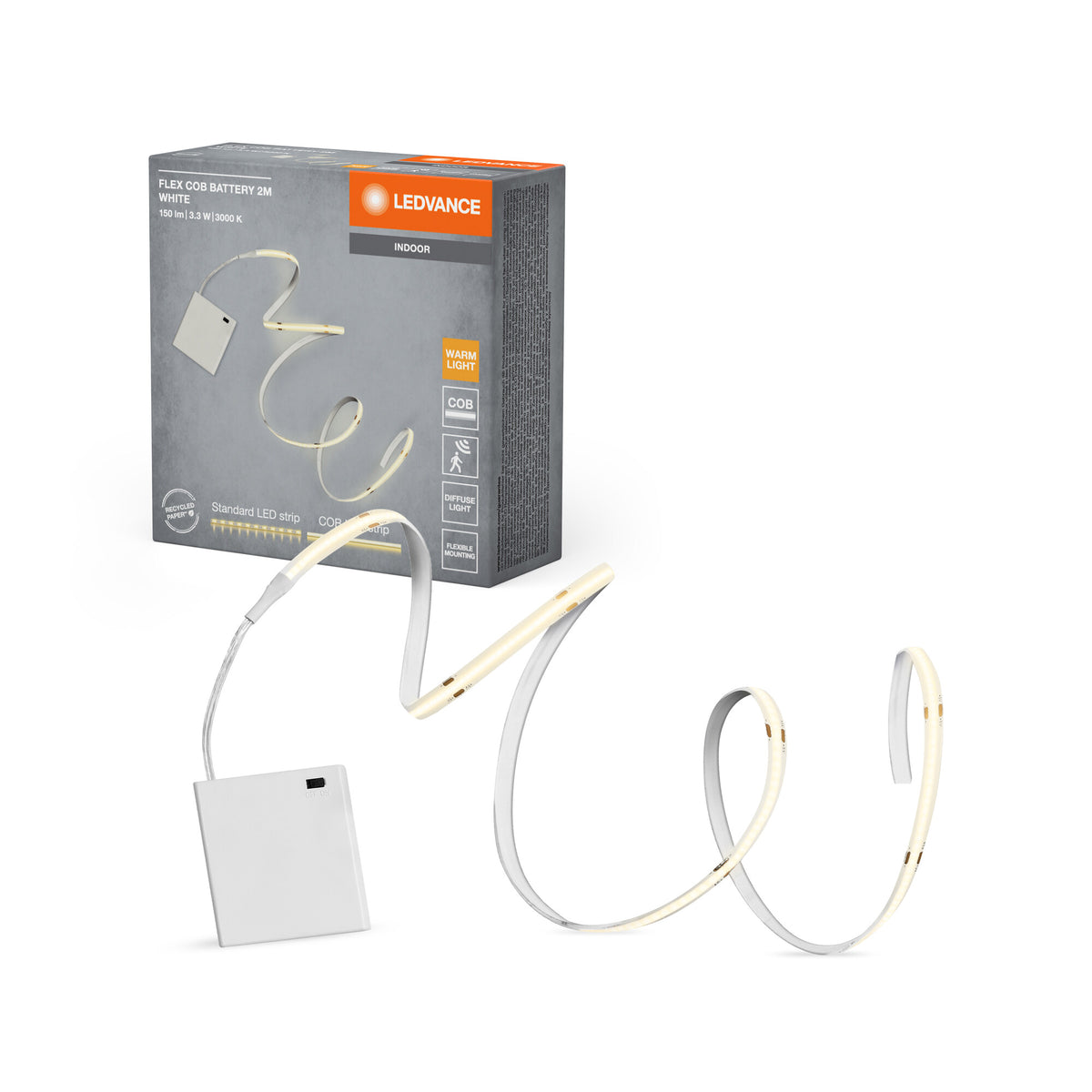 LEDVANCE FLEX decoratieve COB-strips op batterijen met warmwit licht, 2 m, 3,3 W, 150 lm, 3000 K, 830 warmwit, IP20, geel, siliconen, lamp niet vervangbaar