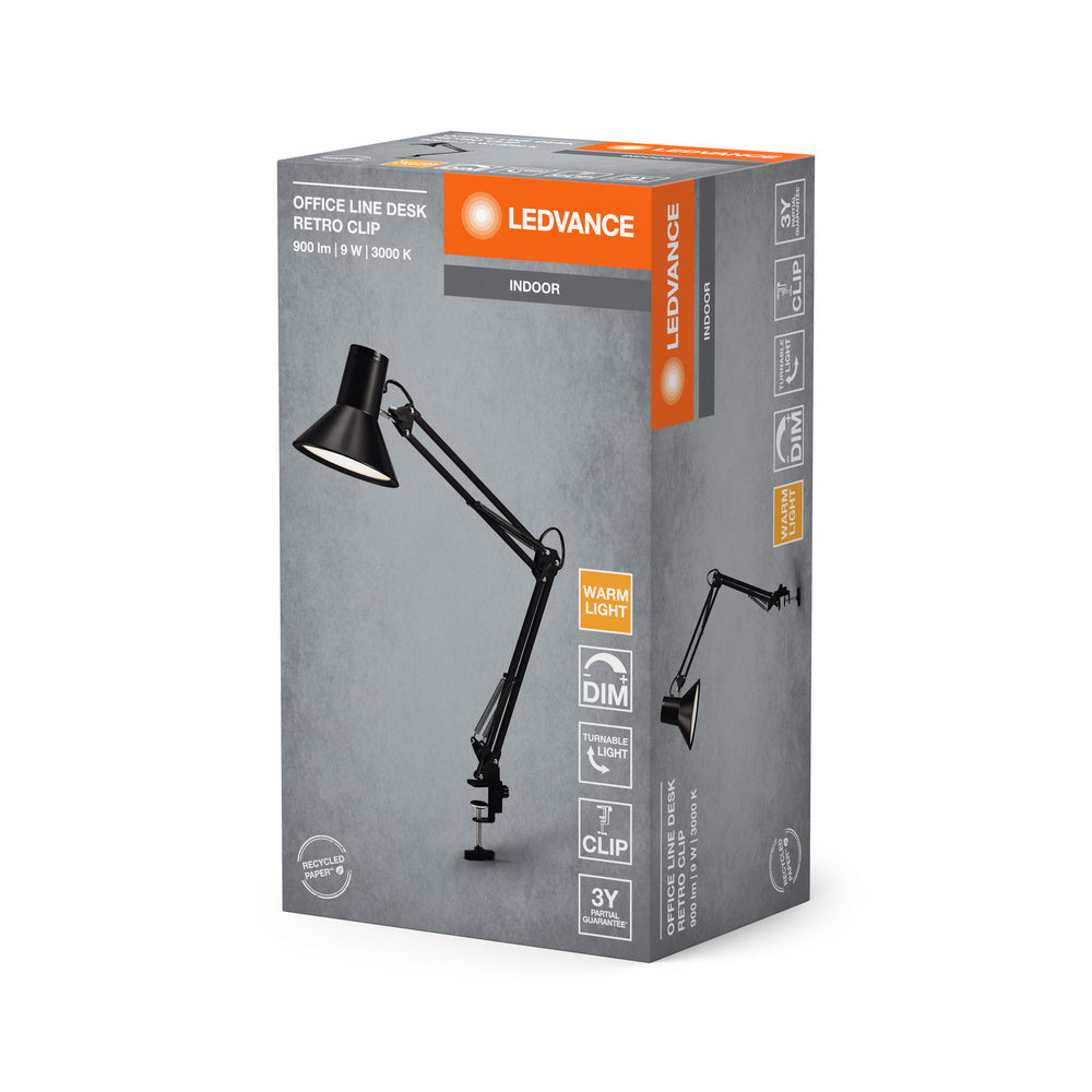 LEDVANCE OFFICE LINE Desk Retro Clip Schreibtischleuchte 9W 830 Dimmable Black, 393 lm, 3000 K, Warmweiß-LEDVANCE Shop