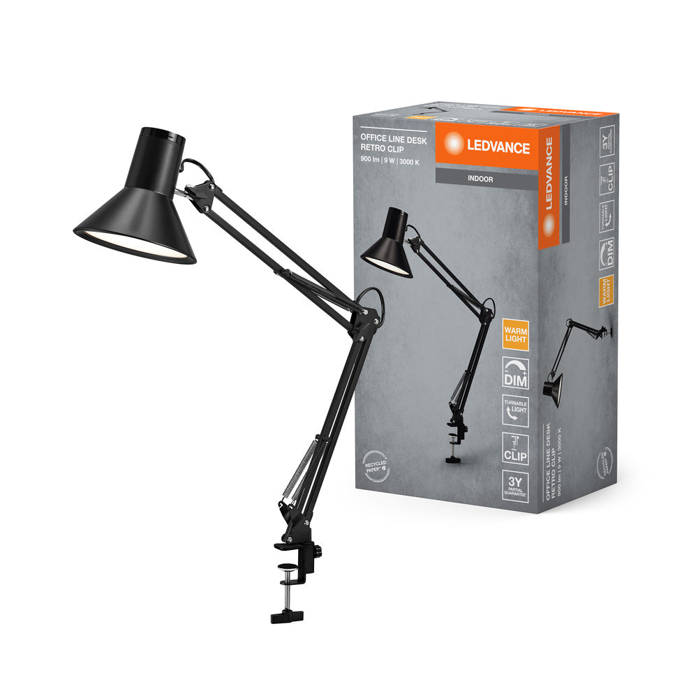 LEDVANCE OFFICE LINE Desk Retro Clip Schreibtischleuchte 9W 830 Dimmable Black, 393 lm, 3000 K, Warmweiß-LEDVANCE Shop