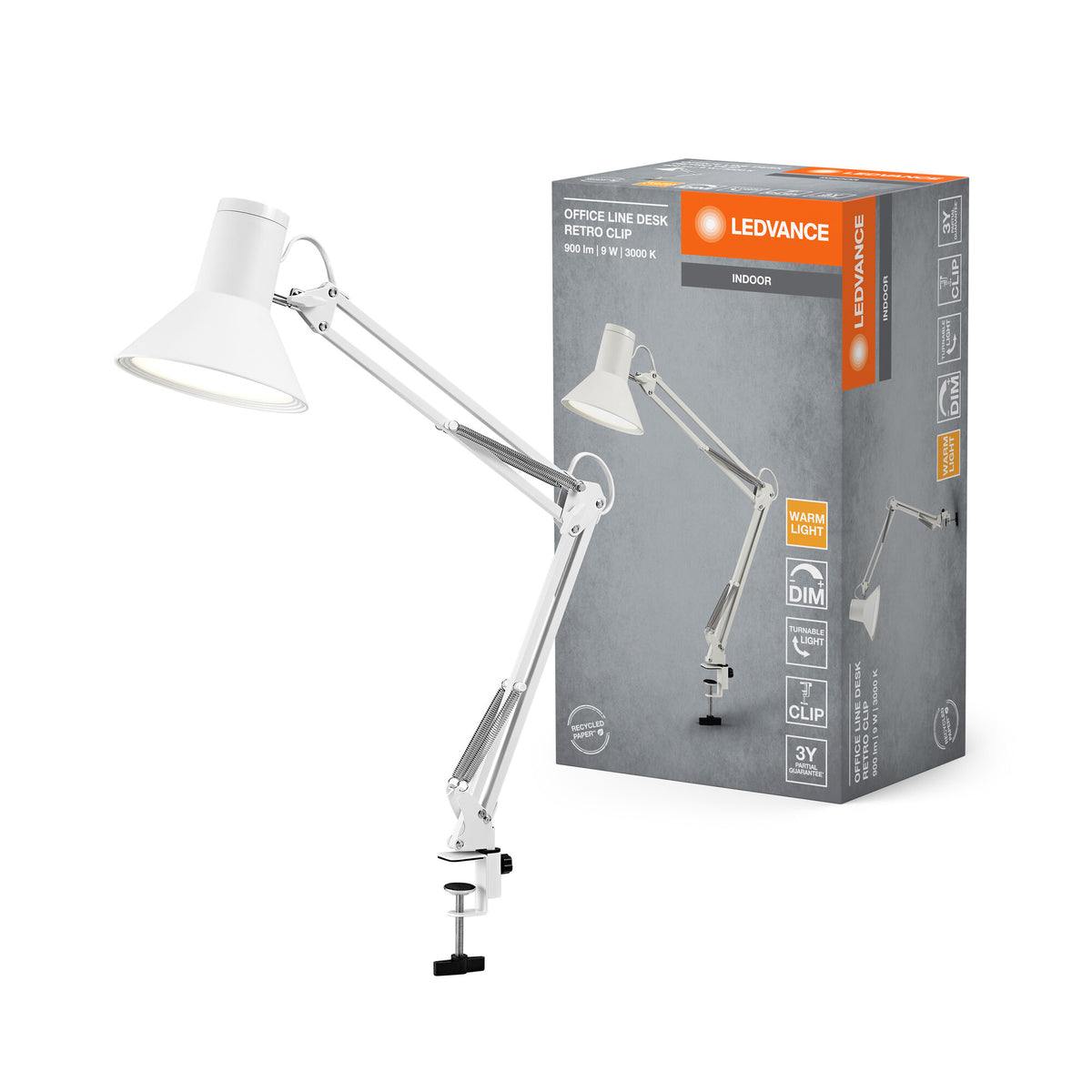 LEDVANCE Office Line retro-klemlamp met lange arm in wit, van metaal en kunststof, traploos dimbaar, met IP20-bescherming, voor het Home Office