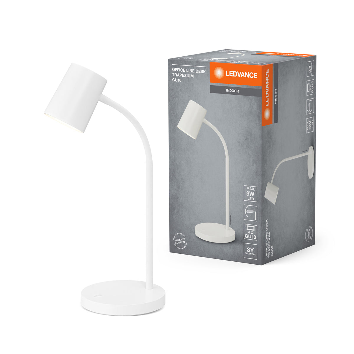 LEDVANCE Office Line Trapezium bureaulamp met buigzame arm in wit kunststof, GU10-fitting, IP20-bescherming, voor Home kantoor