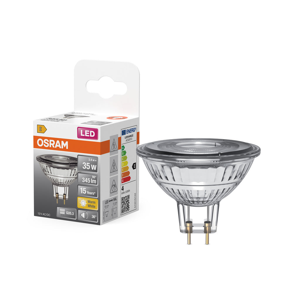 OSRAM MR16 LED-reflectorlamp met GU5.3-fitting, warm wit (2700K), glazen spot, 3,80W, vervanging voor 35W reflectorlamp