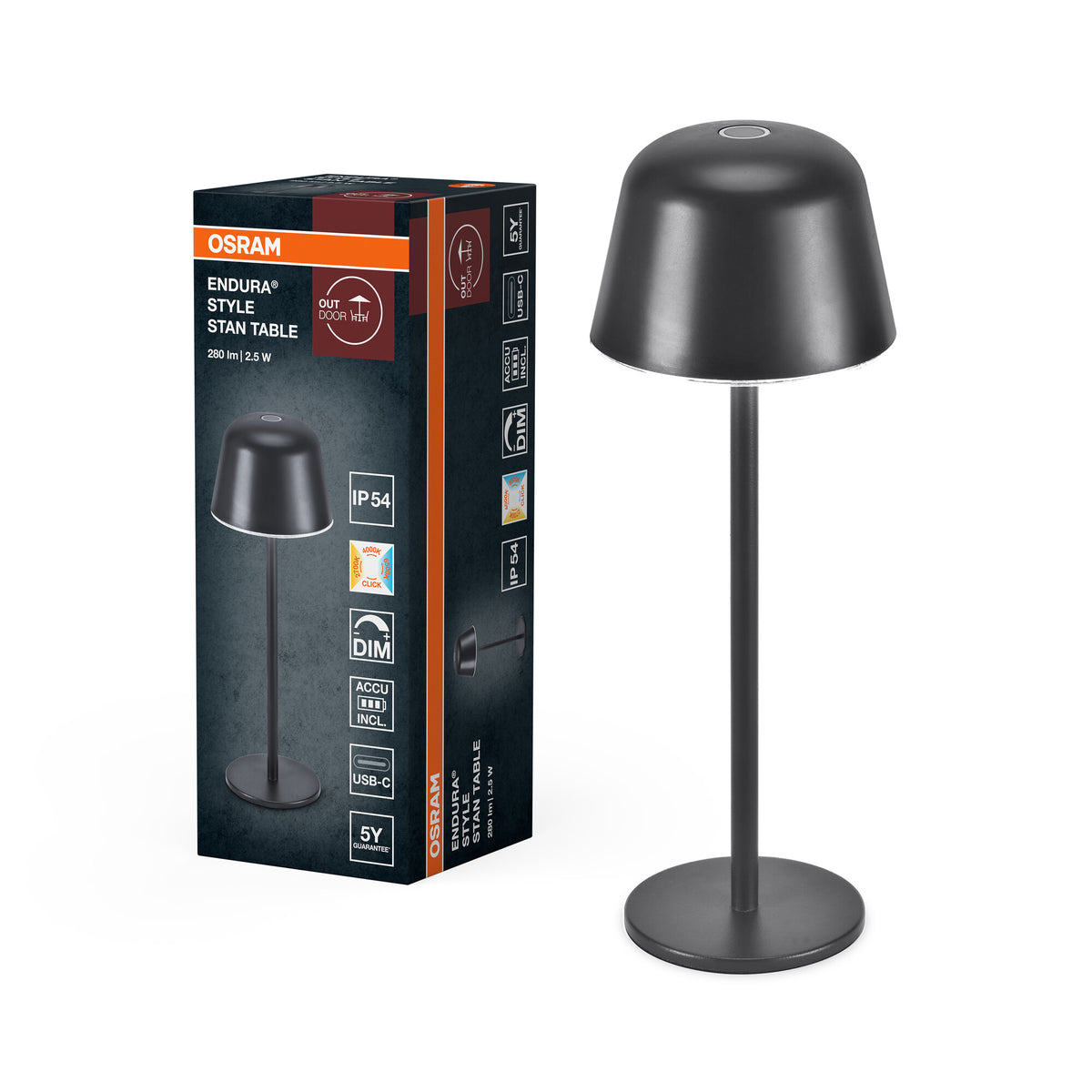 OSRAM ENDURA STYLE TABLE buitenlamp, 2,5 W, 200 lm, donkergrijs, tafellamp, oplaadbare accu, beschermingsklasse IP54, traploos dimmen, geheugenfunctie voor lichtsterkte