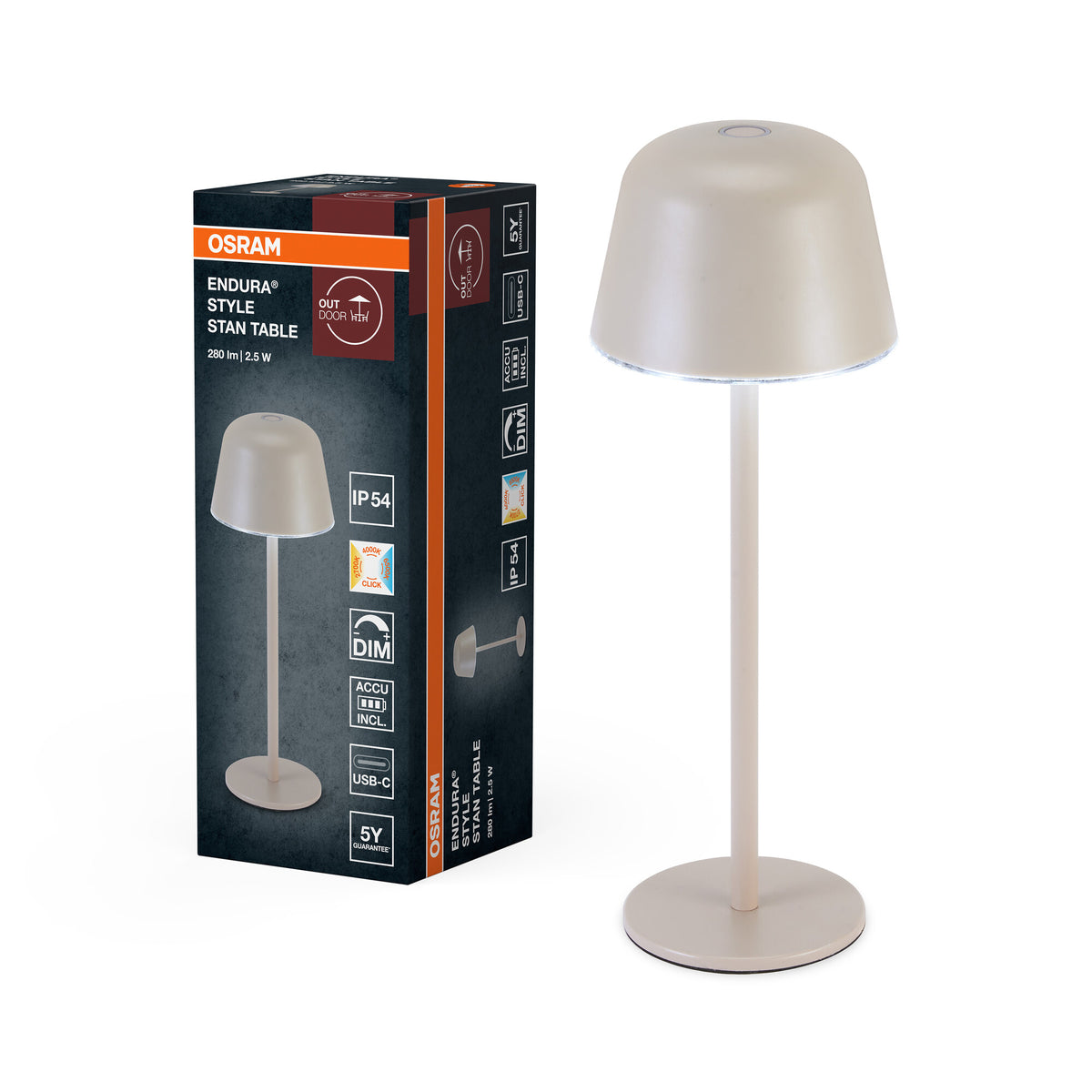 OSRAM ENDURA STYLE TABLE Außenleuchte, 2,5W, 200lm, beige, Tischleuchte, wiederaufladbarer Akku, IP54 Schutzklasse, stufenloses Dimmen, Lichthelligkeits-Memory-Funktion