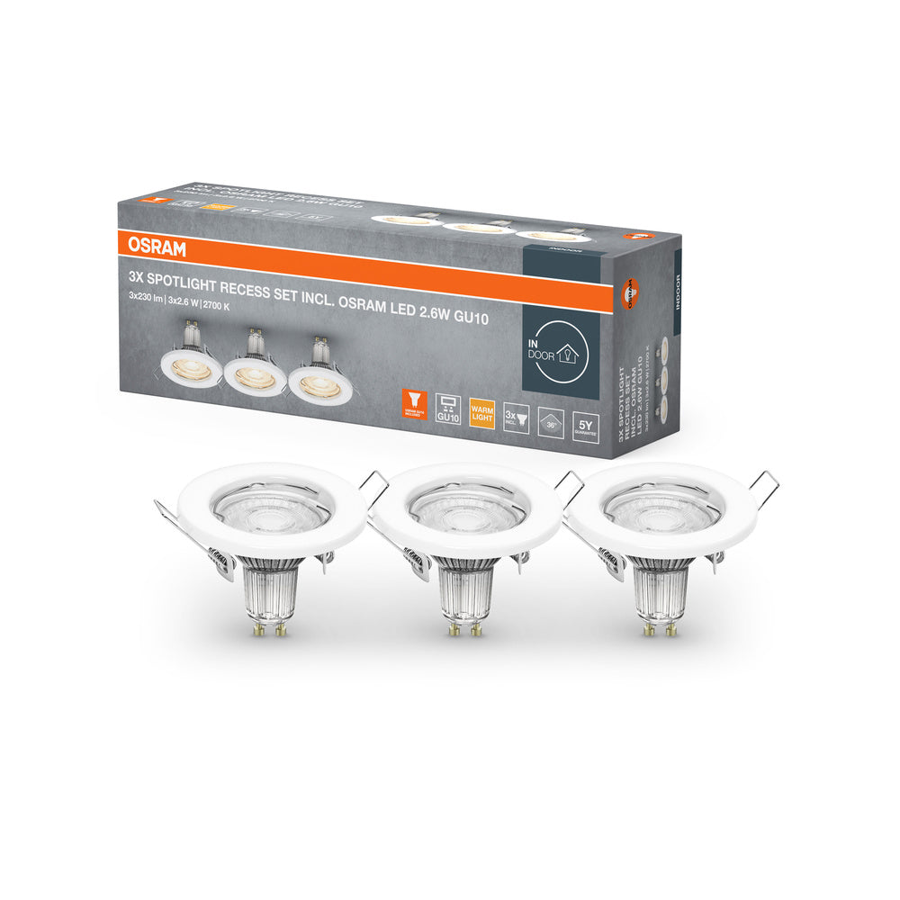 OSRAM LED-spotset voor inbouwmontage GU10, 3x2,6W, GU10, wit, 230 lm, 2700 K, warm wit, verpakking van 3