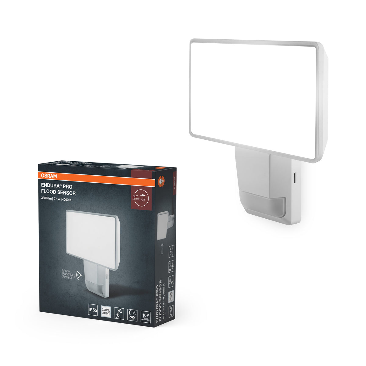OSRAM LED-schijnwerper met sensor, 27 W, neutraal wit, 3000 lm, IP55, draaibaar, voor buiten, parkeerplaatsen en entrees