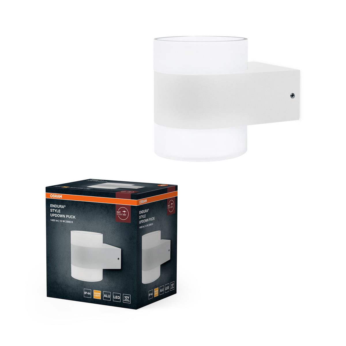 OSRAM UpDown Puck LED-wandlamp, warmwit 3000 K, buitenlamp, 13 W, licht naar boven en beneden, IP44, 980 lm, gegoten aluminium, wit