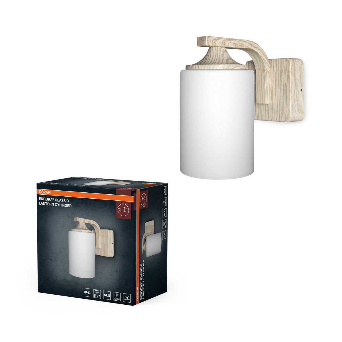 OSRAM ENDURA Classic wandlamp, houtlook, E27, IP43, aluminium behuizing, glazen diffuser, geschikt voor buiten, zonder lamp.
