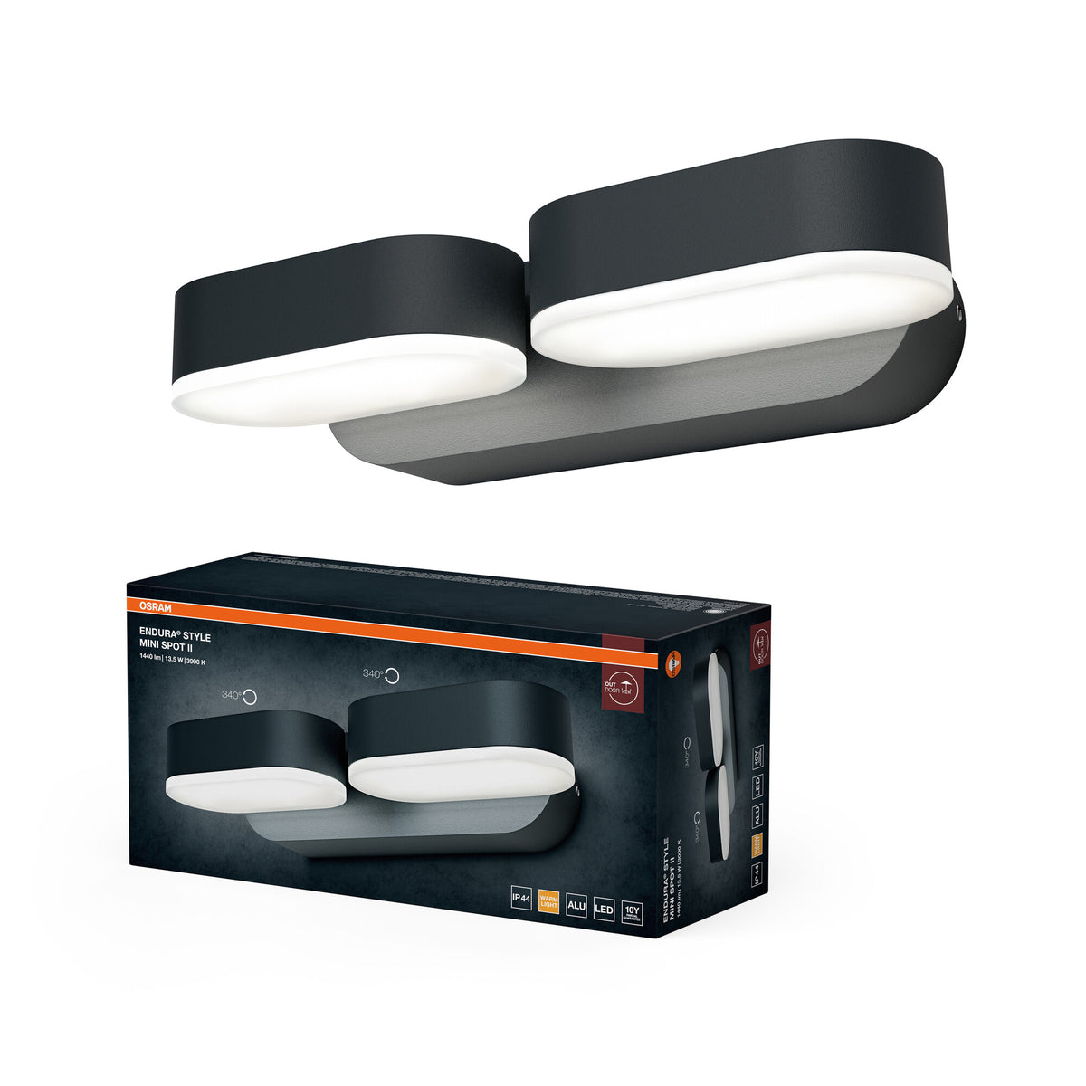 OSRAM ENDURA Style set van 2 minispots in donkergrijs, LED-wandlamp voor buiten met een 340° draaibare kop, IP44-bescherming, ideaal voor de verlichting van je entree