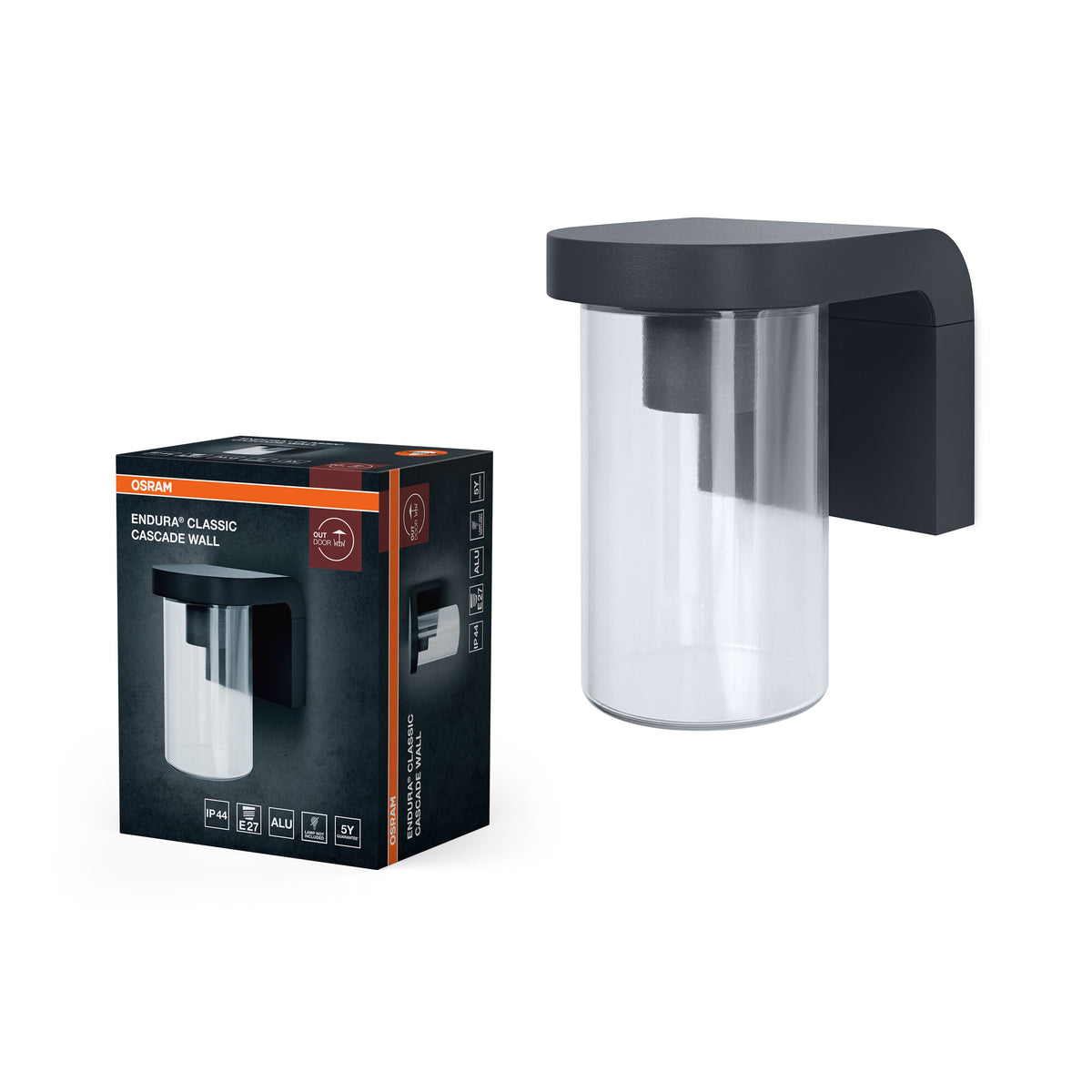 OSRAM buitenwandlamp E27 helder glas, modern design van donkergrijs aluminium, IP44-bescherming, schokbestendig IK03, wandlamp voor terras en balkon