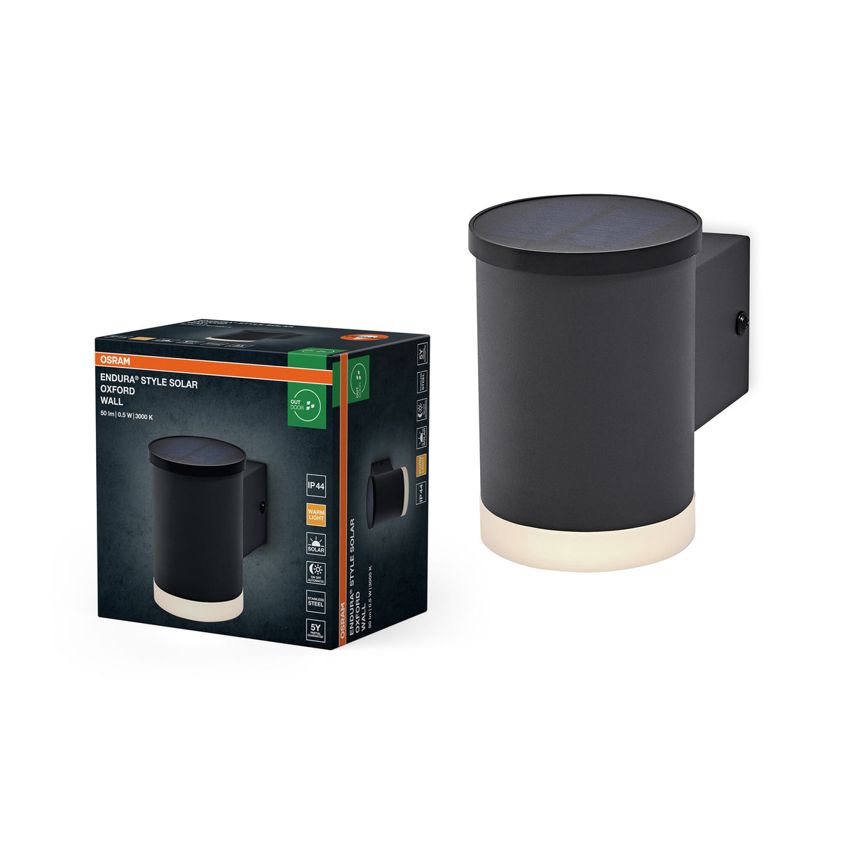 OSRAM ENDURA STYLE SOLAR OXFORD buitenlamp, 0,5 W, 50 lm, wandlamp, donkergrijs, indirecte verlichting, oplaadbare accu, beschermingsklasse IP44, 3.000 K kleurtemperatuur, warmwitte lichtkleur