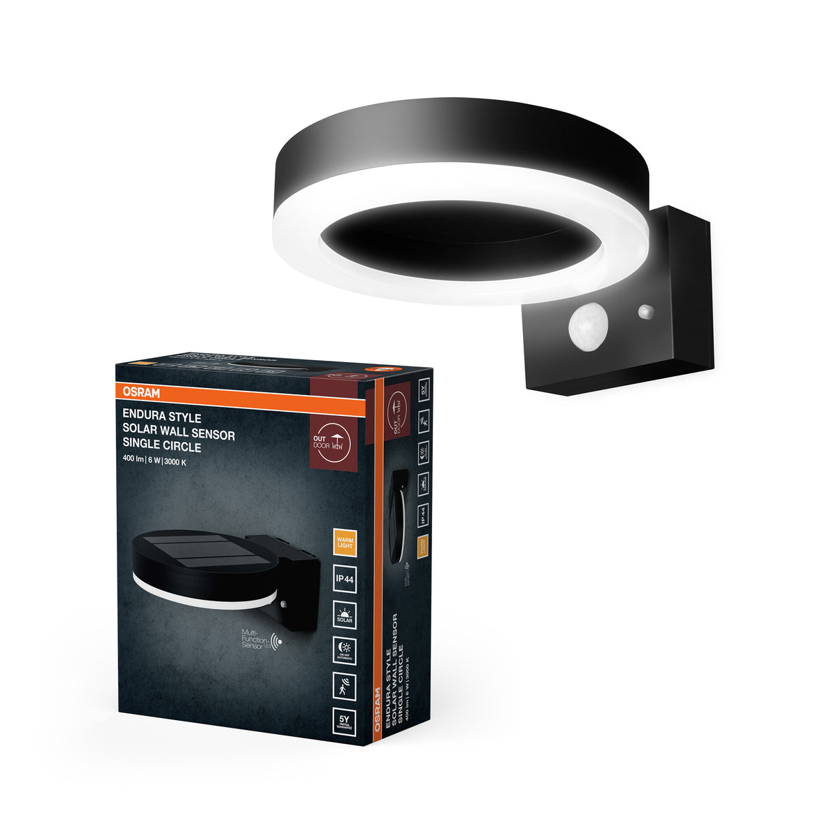 OSRAM ENDURA Style zonne-wandlamp, zwart, roestvrij staal, IP44, bewegings- en daglichtsensor, werkt op zonne-energie, ideaal voor buiten