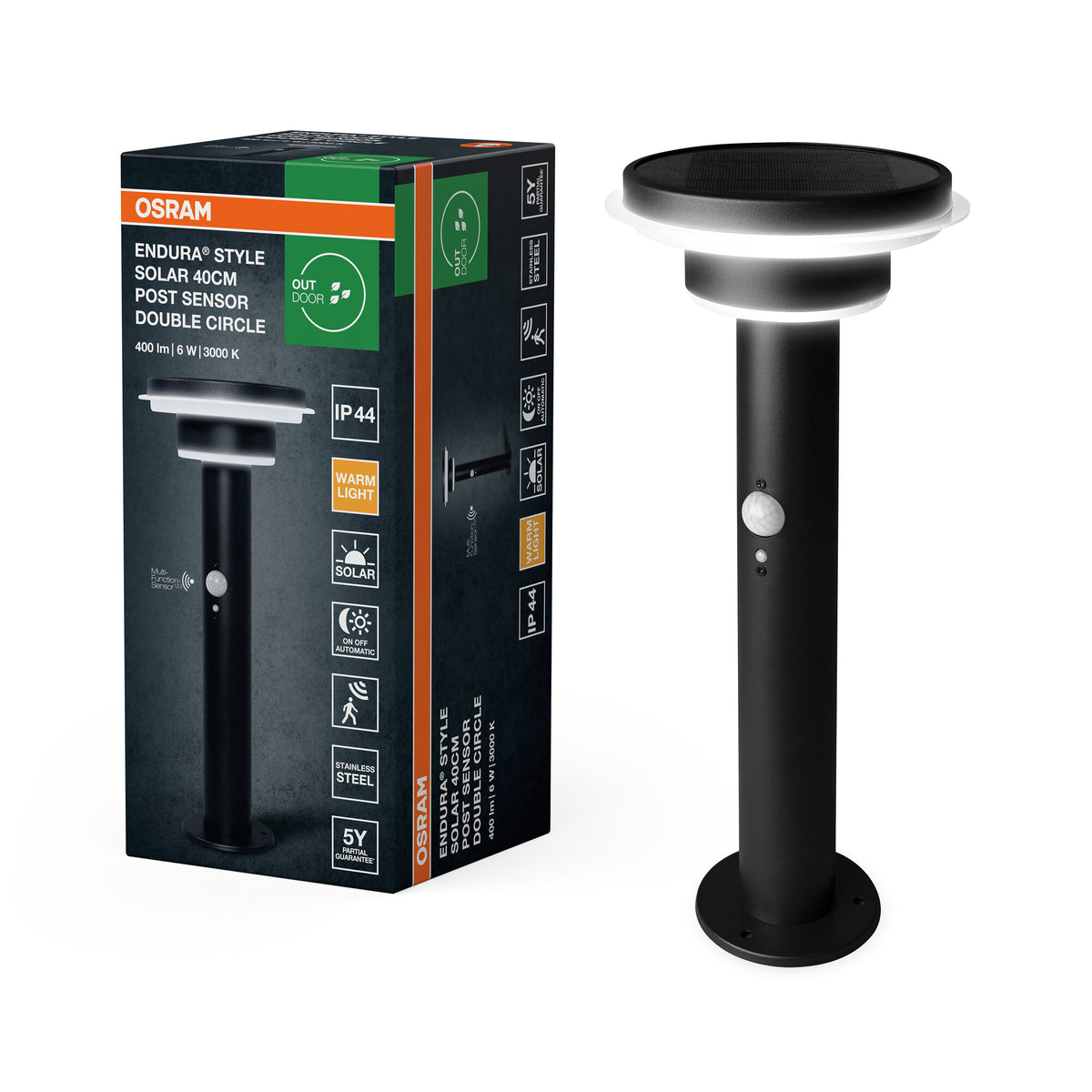 OSRAM ENDURA Style Solar Außenleuchte, Edelstahlgehäuse, Schwarz, IP44, mit Bewegungs- und Tageslichtsensor, solarbetrieben, geeignet für Eingänge und Terrassen