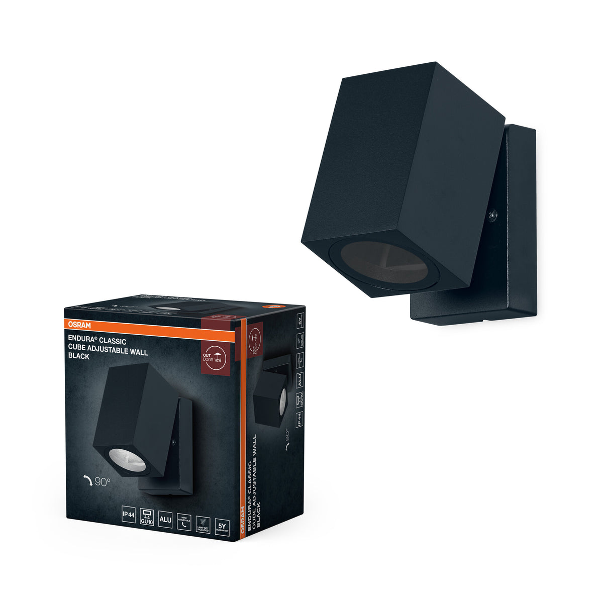 OSRAM ENDURA Classic Cube ADJ WALL buitenwandlamp, zwart, GU10-fitting (max. 35 W), kan worden uitgerust met een gewone of slimme lamp, verstelbare lampkop, beschermingsklasse IP44