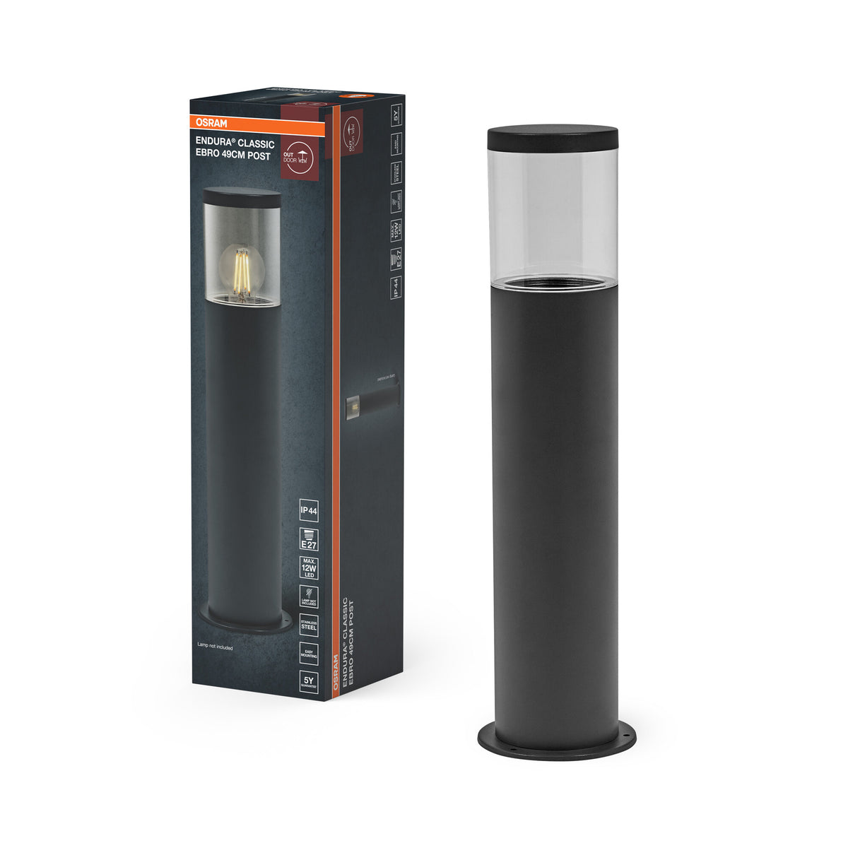 OSRAM ENDURA CLASSIC EBRO buitenlamp, wandlamp, donkergrijs, 49 cm, roestvrij staal, eenvoudige & snelle installatie, beschermingsklasse IP44, behuizing van roestvrij staal