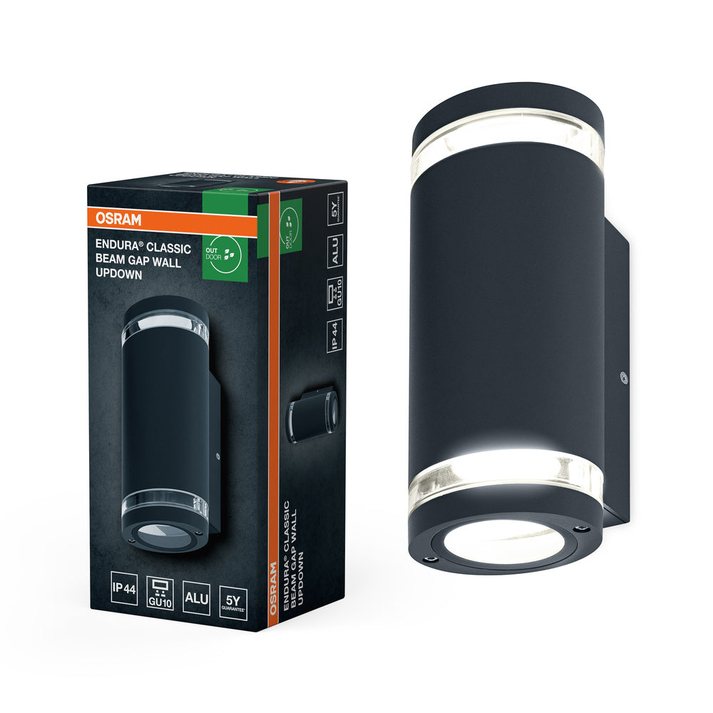 OSRAM LED-wandlamp voor 2x GU10-lampen, designlamp voor buiten, voor indirecte verlichting aan twee zijden met transparante ringen, gemaakt van donkergrijs aluminium, ENDURA BEAM GAP Wall UpDown GU10