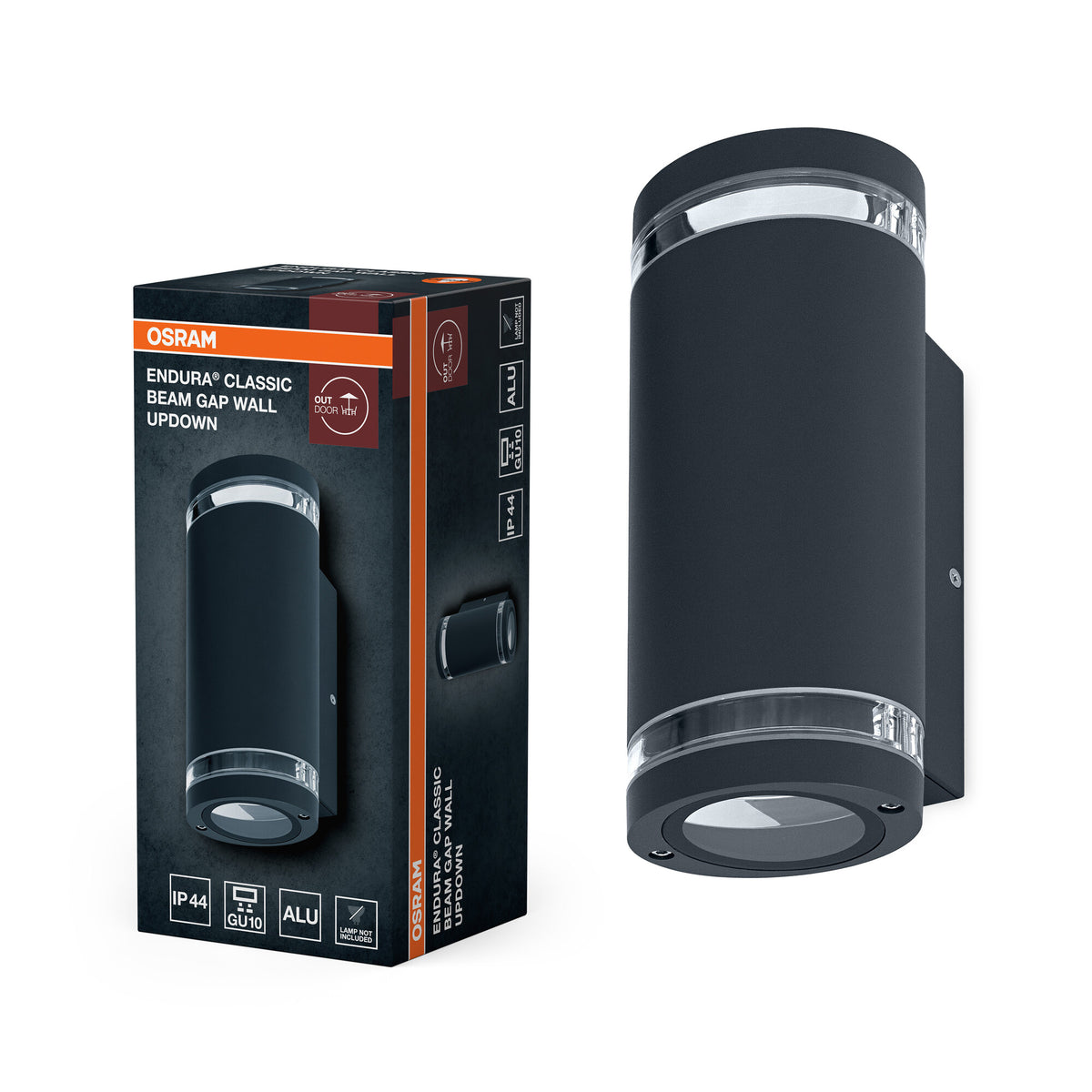 OSRAM buitenwandlamp Up/Down GU10 met Gap-Ring, aluminium behuizing in donkergrijs, beschermingsklasse IP44 & IK03, wandlamp voor gevels en ingangen