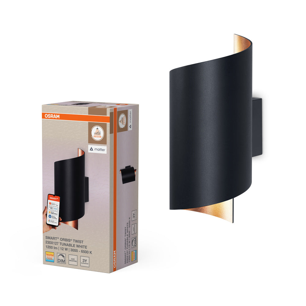 OSRAM Matter SMART+ ORBIS TWIST LED-wandlamp 23x12,7 cm, instelbaar wit, 12W / 3000-6500K, zwart