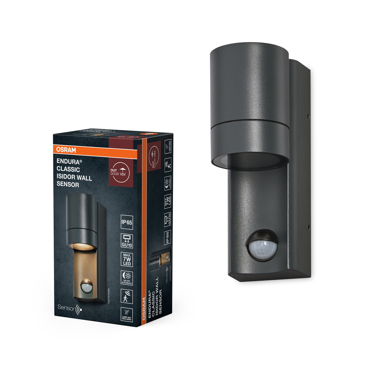 OSRAM ENDURA CLASSIC ISIDOR W S buitenlamp, wandlamp, GU10, donkergrijs, aluminium, eenvoudige installatie, indirecte verlichting, beschermingsklasse IP65, daglichtsensor, bewegingsmelder