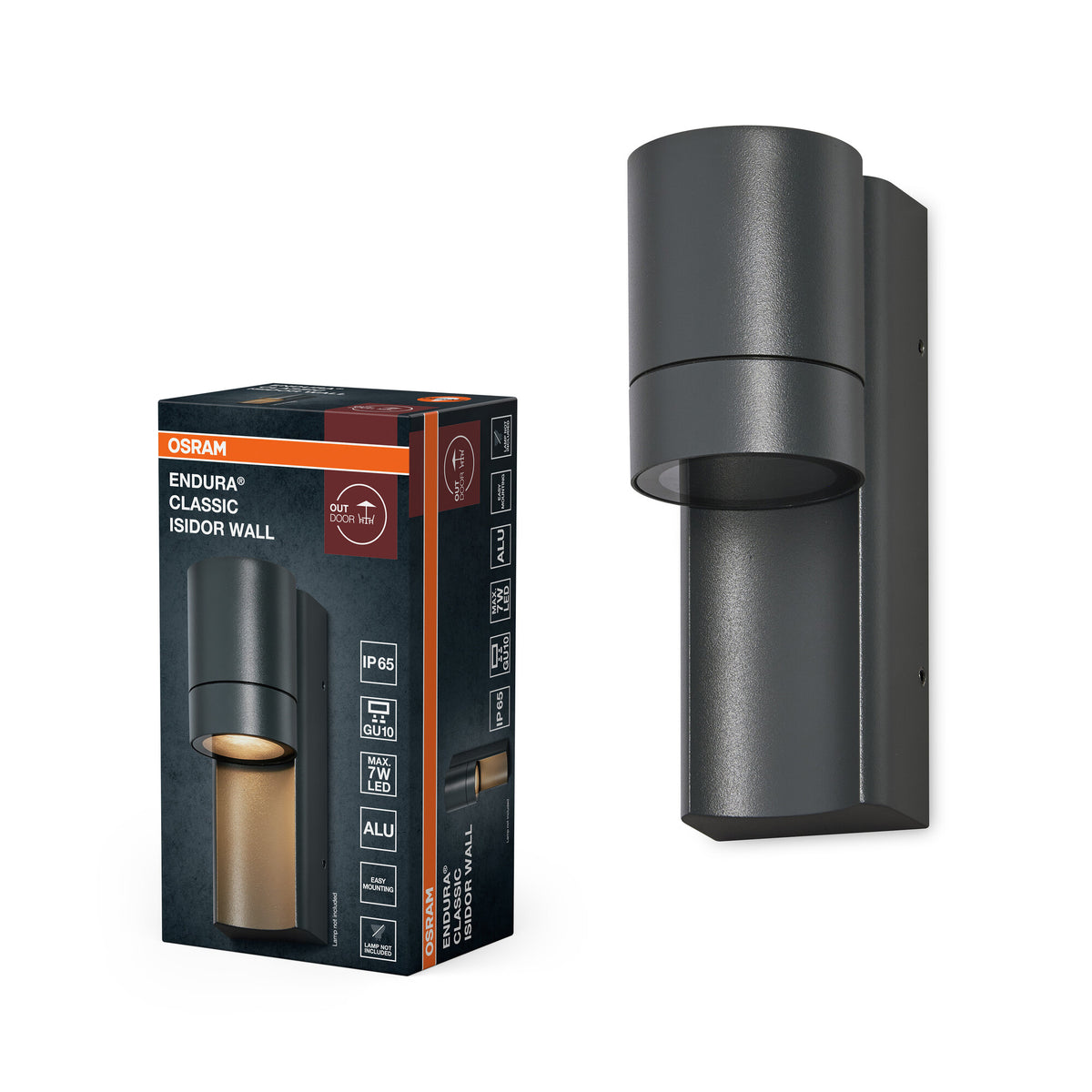 OSRAM ENDURA CLASSIC ISIDOR W Buitenlamp, wandlamp, GU10-fitting, donkergrijs, aluminium, snelle & eenvoudige installatie, matte diffuser, beschermingsklasse IP65, geschikt voor buitengebruik