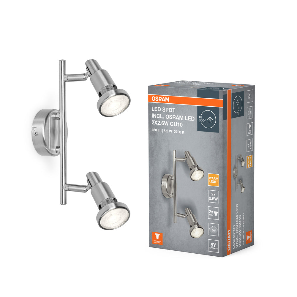 OSRAM LED-SPOT GEBORSTELD ZILVER GU10 2 x 2,6W, 460 lm, 2700 K, warm wit