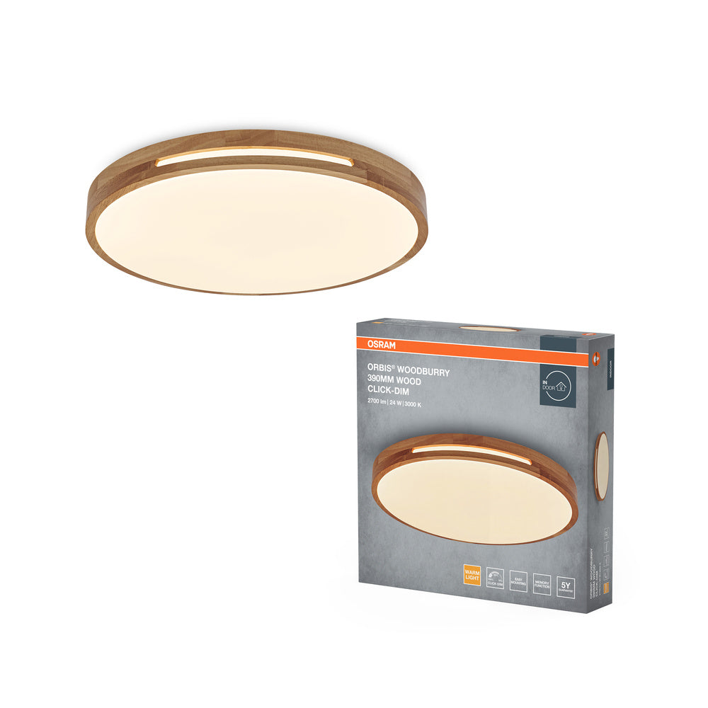 OSRAM ORBIS Woodburry plafondlamp, dimbaar met Click-DIM, 24W, 390mm, hout