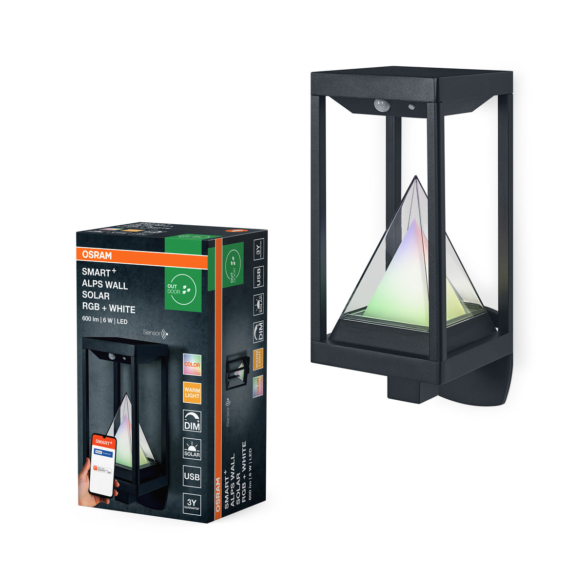 OSRAM SMART+ Outdoor Bluetooth zonne-wandlamp, met warmwit (3000K) en gekleurd licht, werkt ook zonder stroom, tot 2,5 uur brandduur bij 100% lichtsterkte, oplaadbaar via USB-C-kabel, IP44, sensor