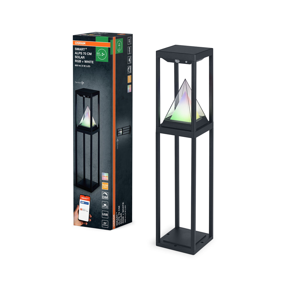 OSRAM SMART+ Outdoor Bluetooth zonne-energie padlamp, met warmwit (3000K) en gekleurd licht, werkt ook zonder stroom, tot 2,5 uur brandduur bij 100% lichtsterkte, oplaadbaar via USB-C-kabel, IP44, zwart