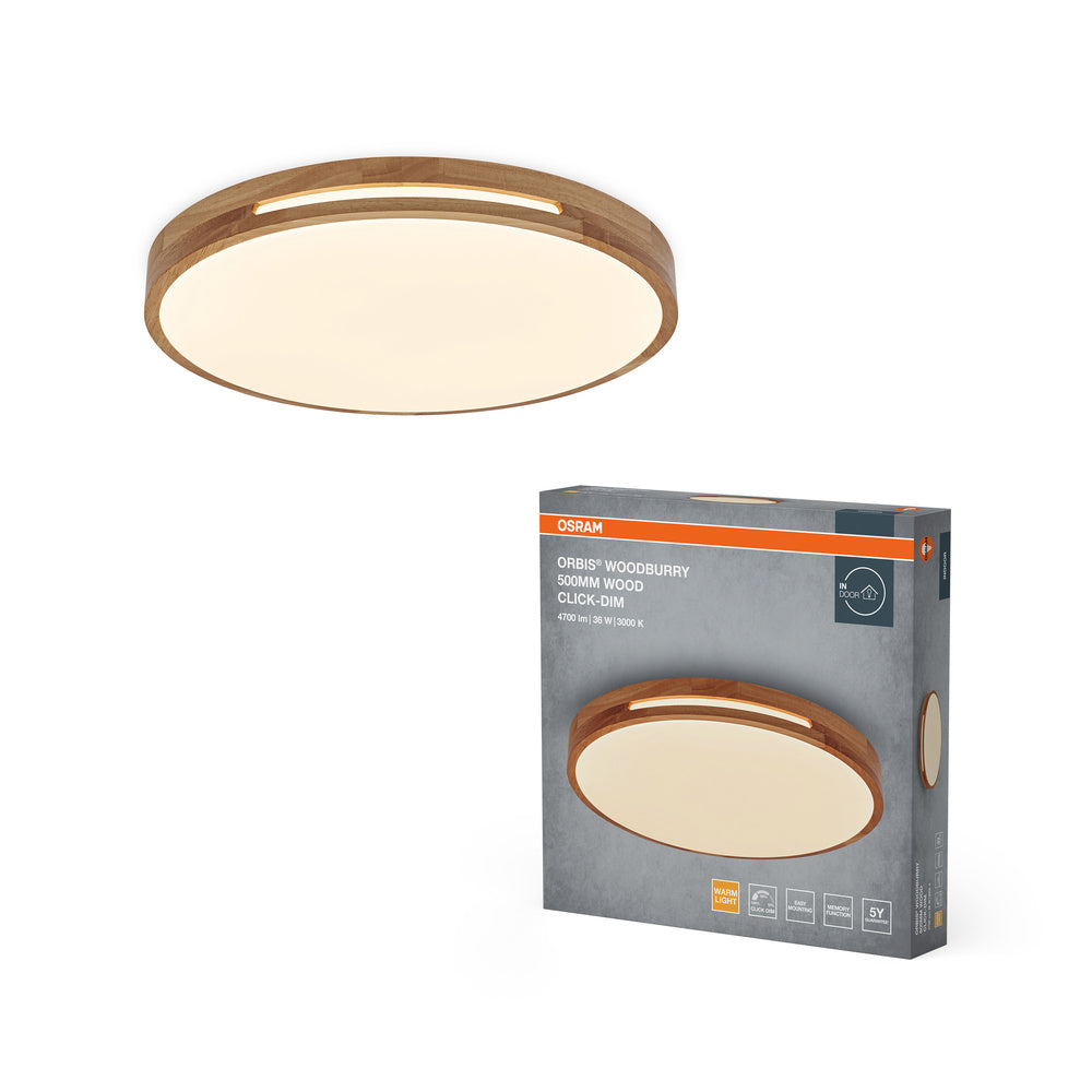 OSRAM ORBIS Woodburry plafondlamp, dimbaar met Click-DIM, 36W, 500mm, hout